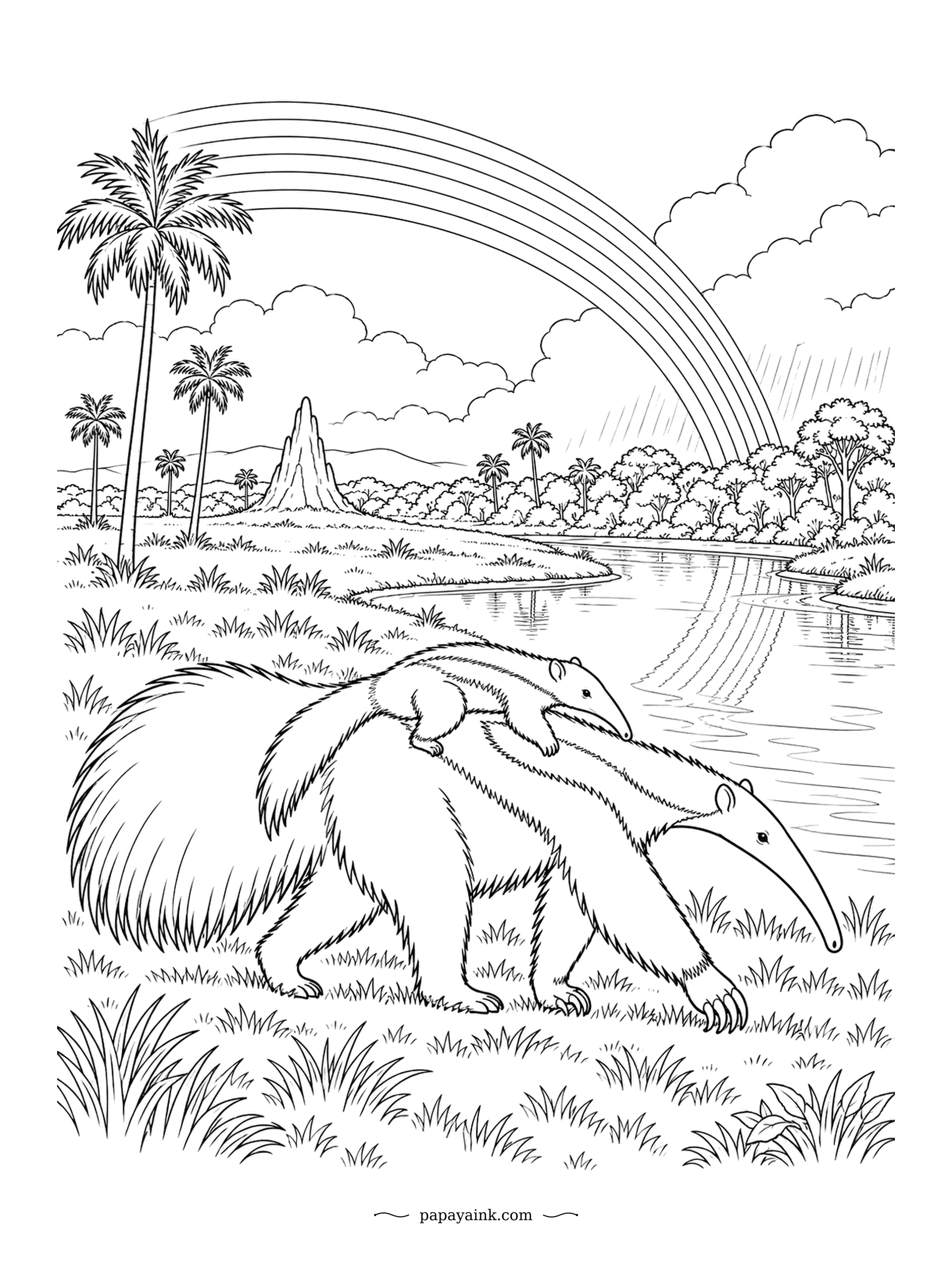 Rainbow Coloring Pages - A giant anteater walks the flooded grassland edge with her pup riding on her back, which is how anteater babies travel for months. Palms, a distant peak and a rainbow across the river. Her coat is one long diagonal stripe - follow it.
