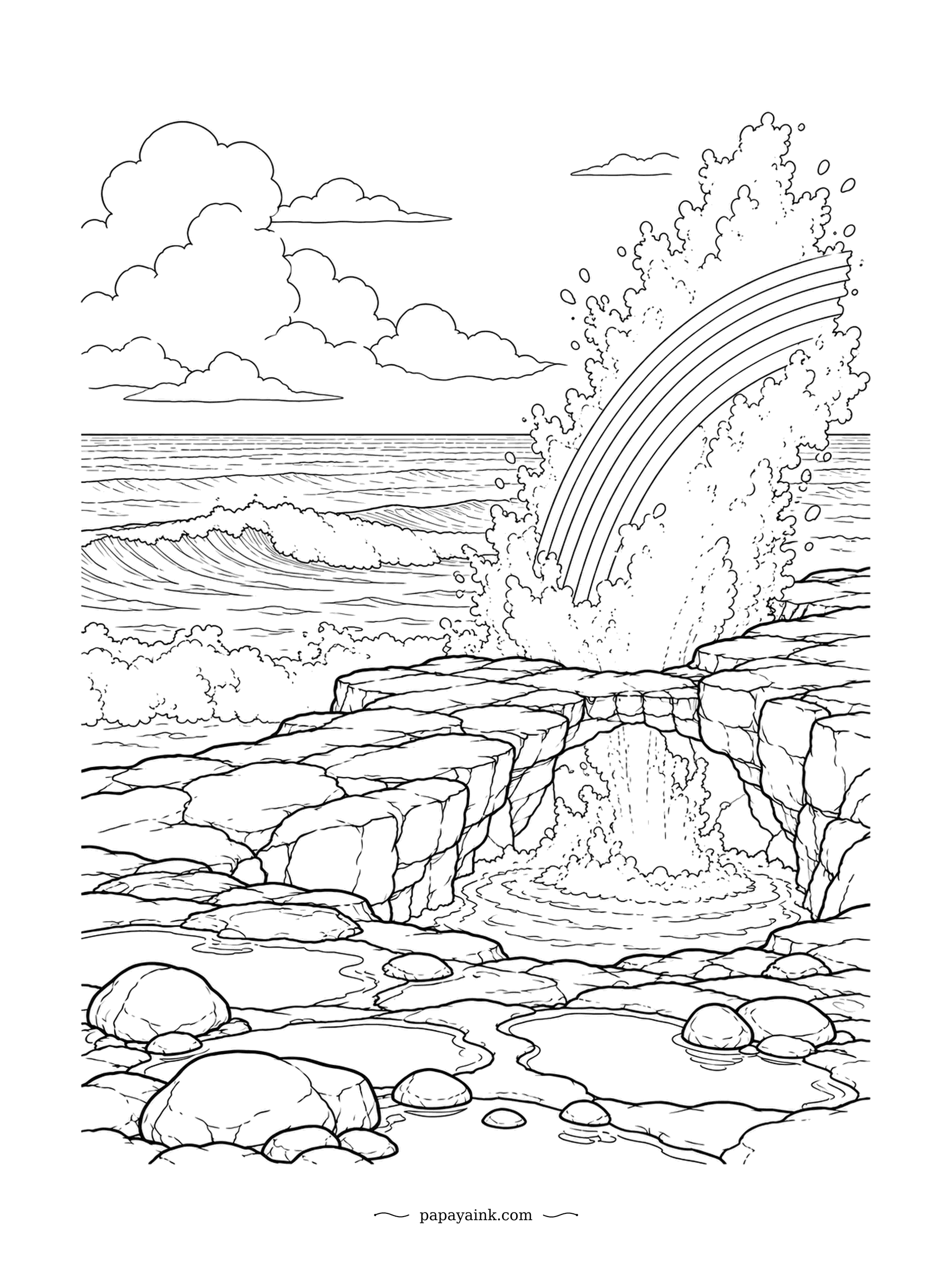 Rainbow Coloring Pages - Each wave forces sea water up through a hole in the rock shelf and throws it into a fan, and for a second the fan has a rainbow in it. Rock pools fill below. Keep the spray dotted and pale.