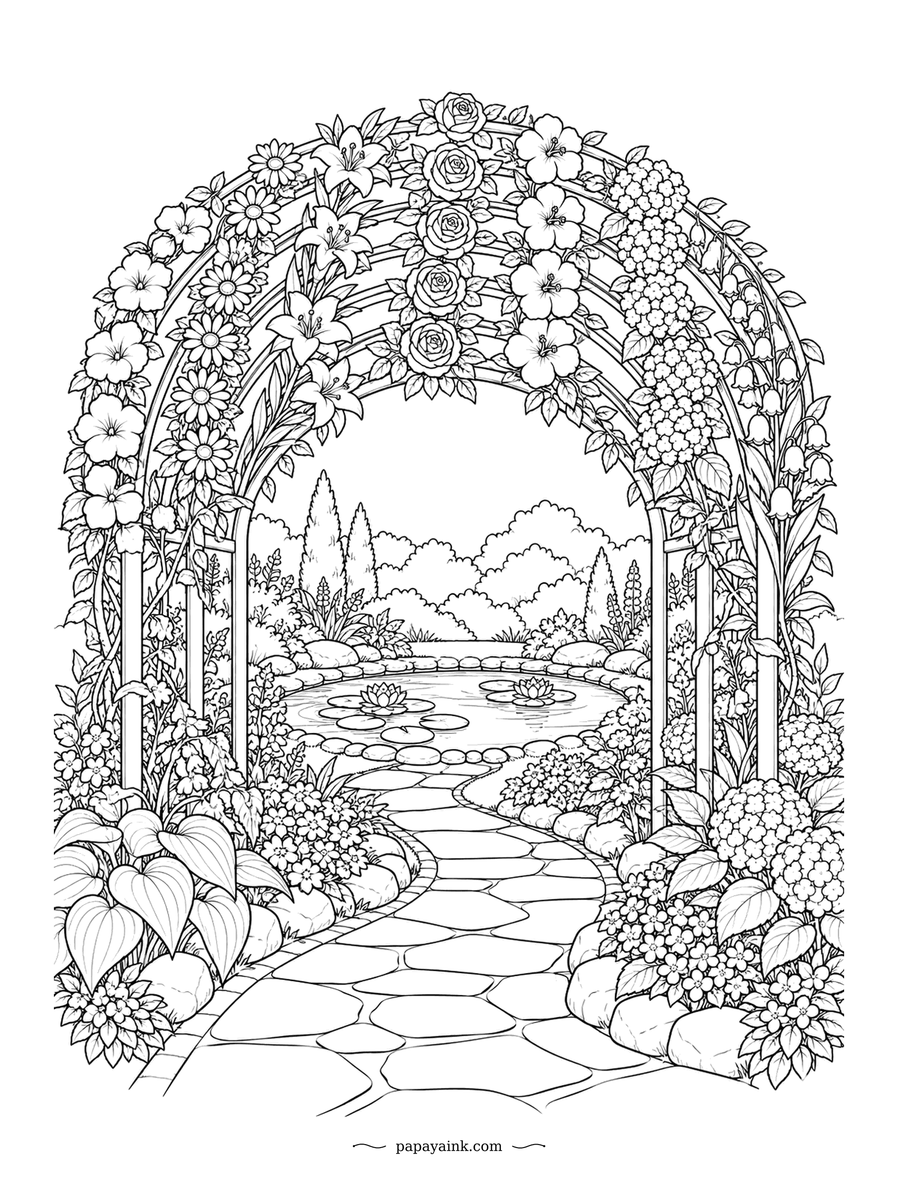 Rainbow Coloring Pages - Not a rainbow in the sky but one built out of blooms: each band of this garden arch is a different flower, roses to lilies to hydrangea, over a path to a lily pond. Color the rows in spectrum order. Detailed.