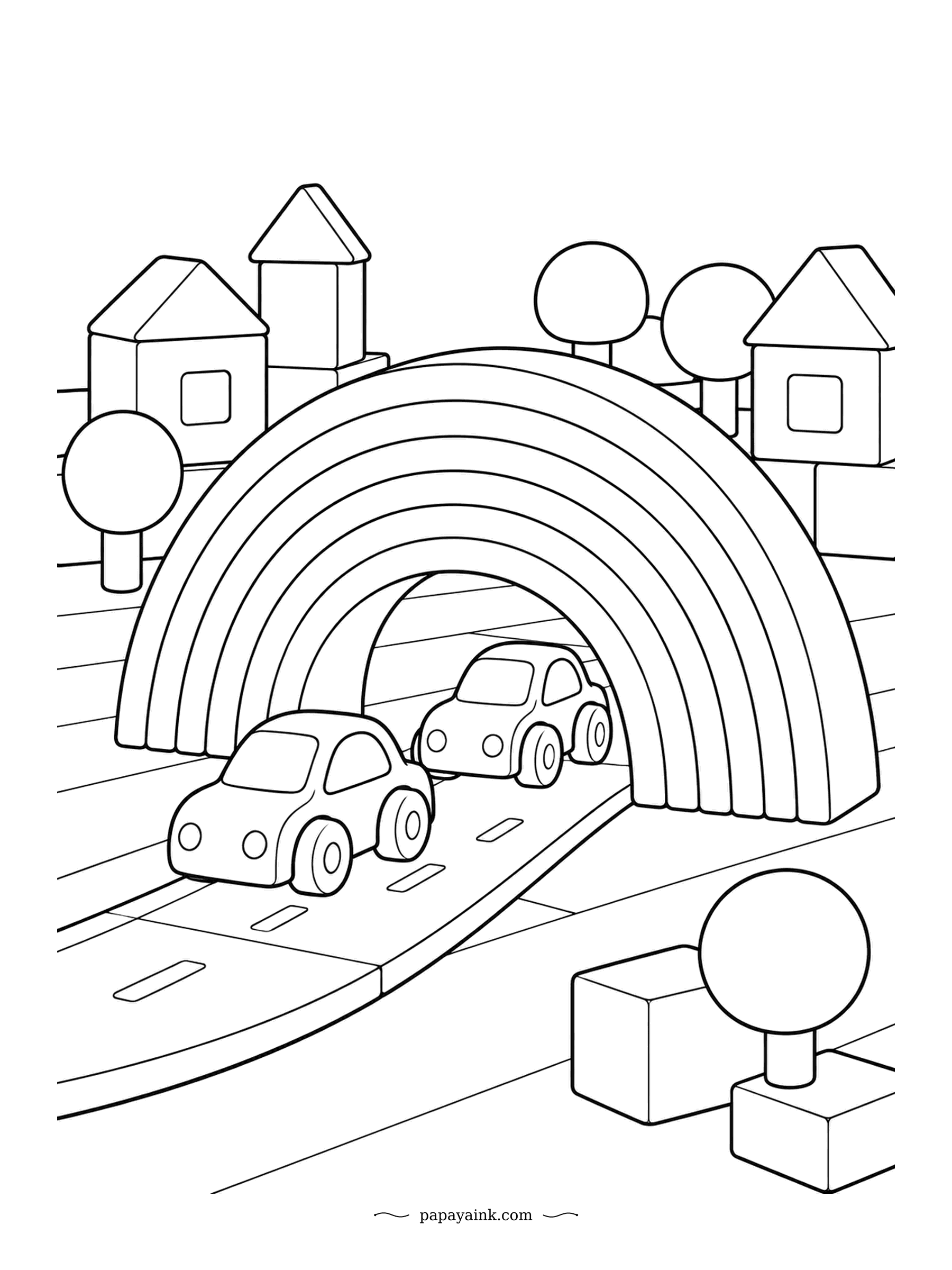 Rainbow Coloring Pages - Every wooden block in this town is one shape, and the rainbow is the only curve. Two toy cars queue for the tunnel underneath while ball-topped trees stand guard. Flat, open areas - a good first page for any age.
