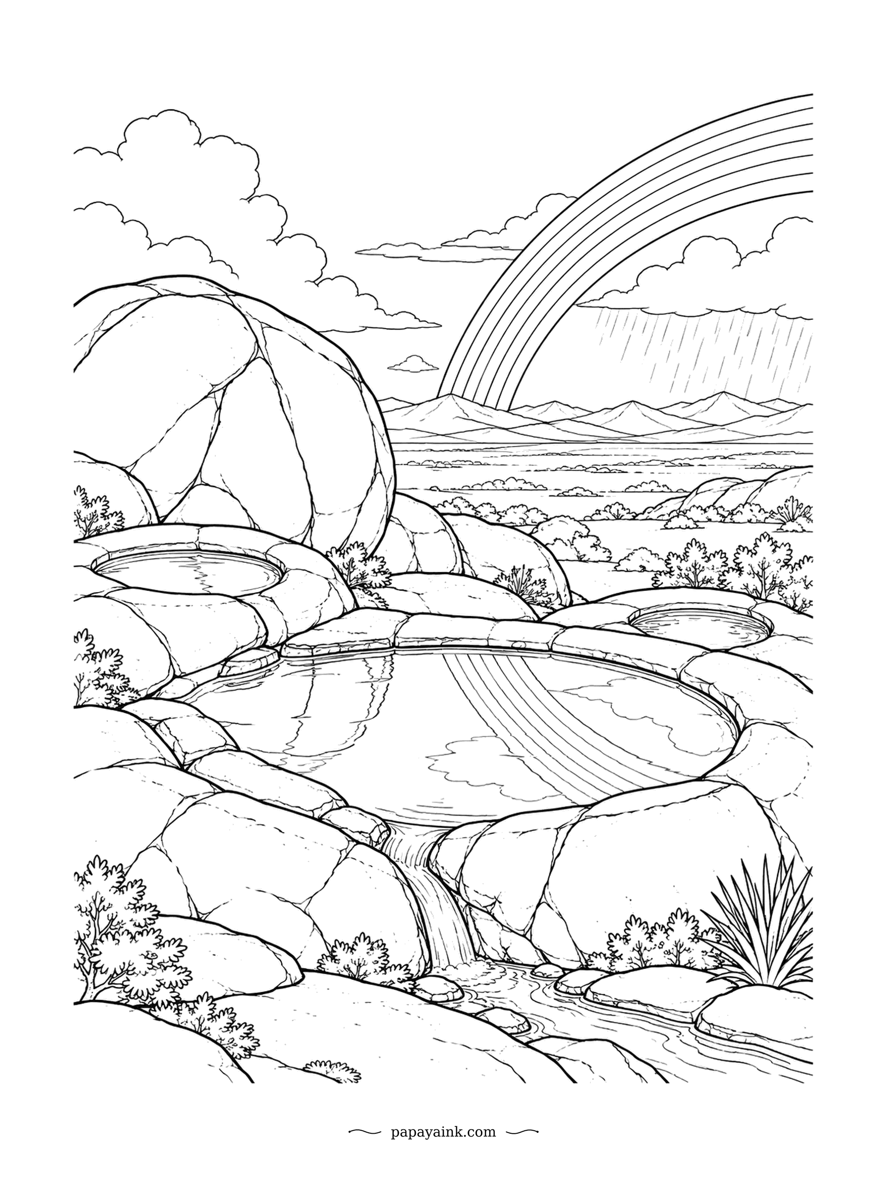Rainbow Coloring Pages - Granite domes hold rain in shallow bowls that the weather has been carving for thousands of years. The biggest one is full and spilling, with the storm and its rainbow mirrored in it. Gray stone, blue pool.
