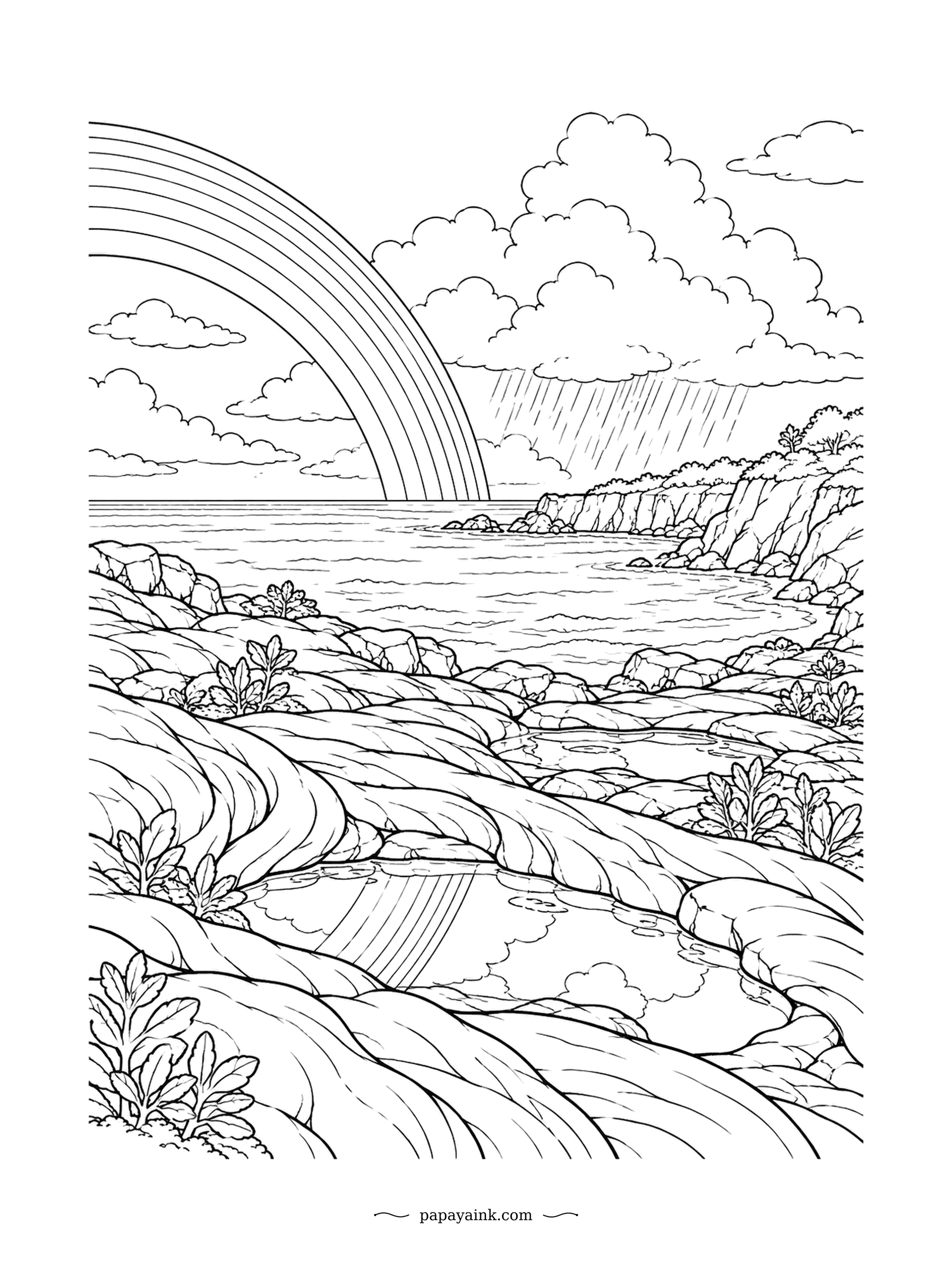 Rainbow Coloring Pages - Old lava sets in ropes and folds, and rain collects in every dip. Ferns have already settled in the cracks. Shade the flows from charcoal to gray and leave the puddles light enough to show the rainbow.