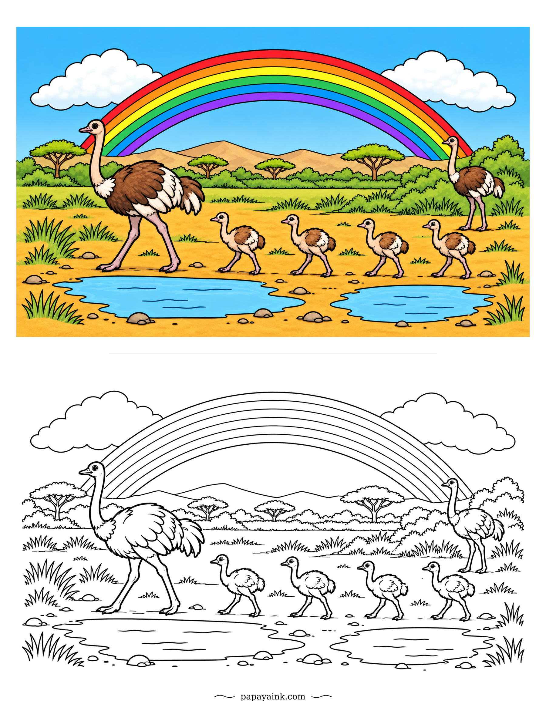 Rainbow Coloring Pages - Five striped ostrich chicks march in a line between two adults, past the rain pools on the pan. Ostrich parents often herd chicks from several families together, so the count may not add up. Warm sand, acacias, wide sky.
