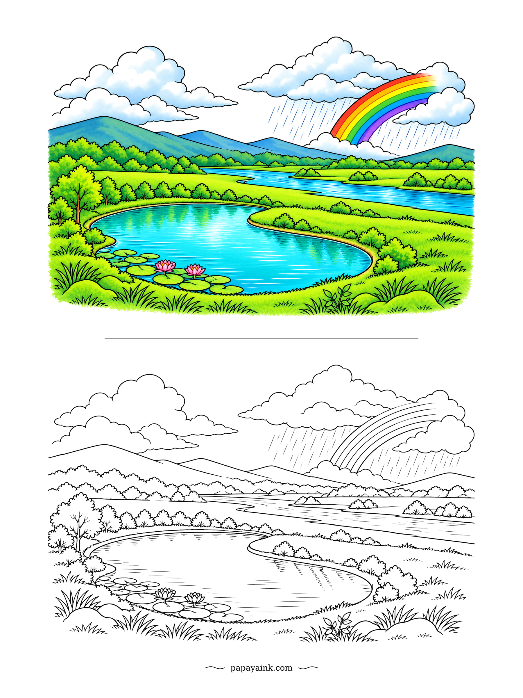 Rainbow Coloring Pages - An oxbow lake is a river bend the river gave up on: it cut a shortcut across the neck and left this curve behind as a quiet pond. Water lilies have moved in. A small shower and its bow drift past upstream.