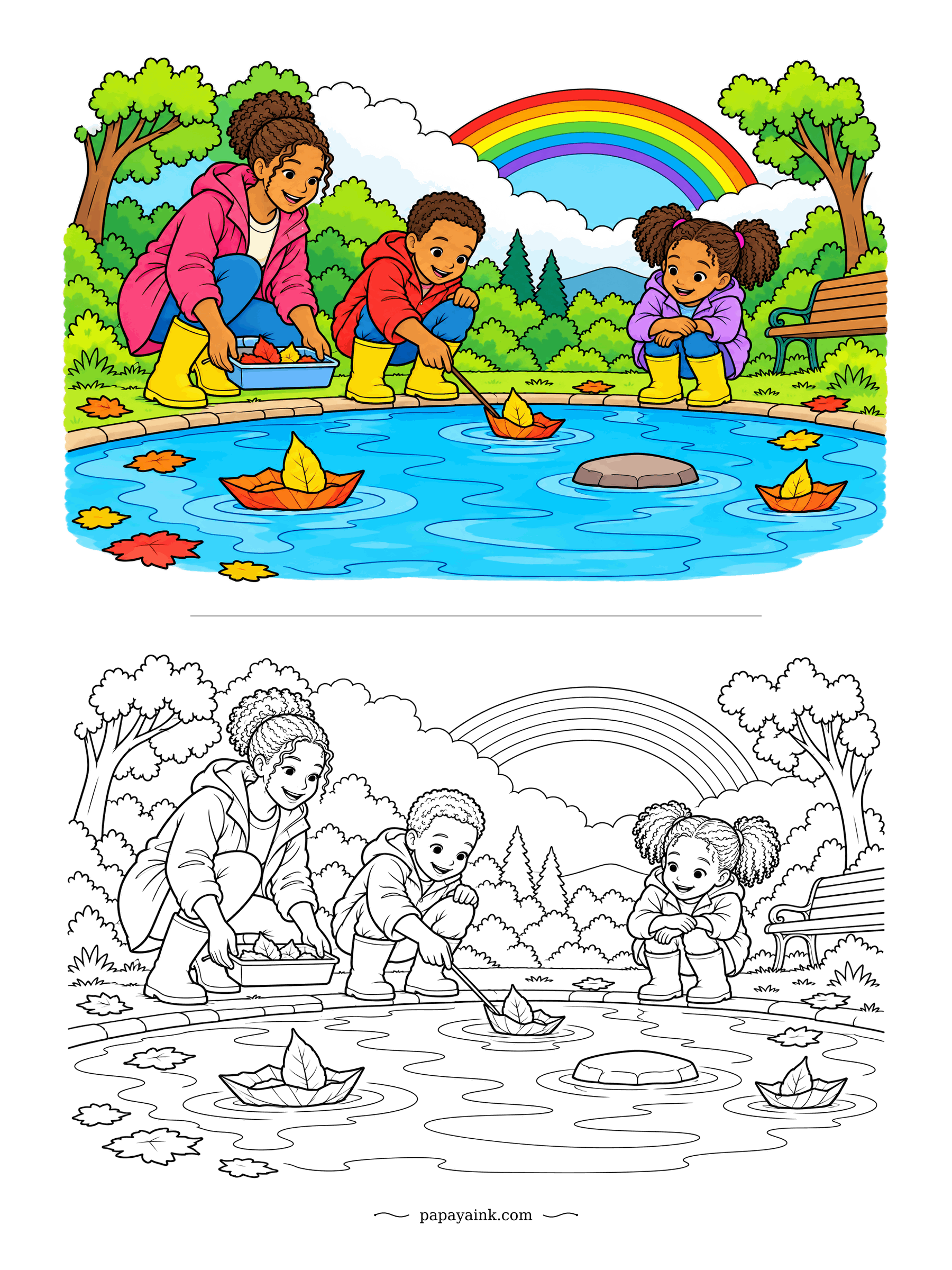 Rainbow Coloring Pages - Folded paper boats, autumn leaves for sails, and a park pond for a race course. One racer gets a nudge with a stick, which is probably against the rules. Yellow rain boots all round. Big, friendly shapes.