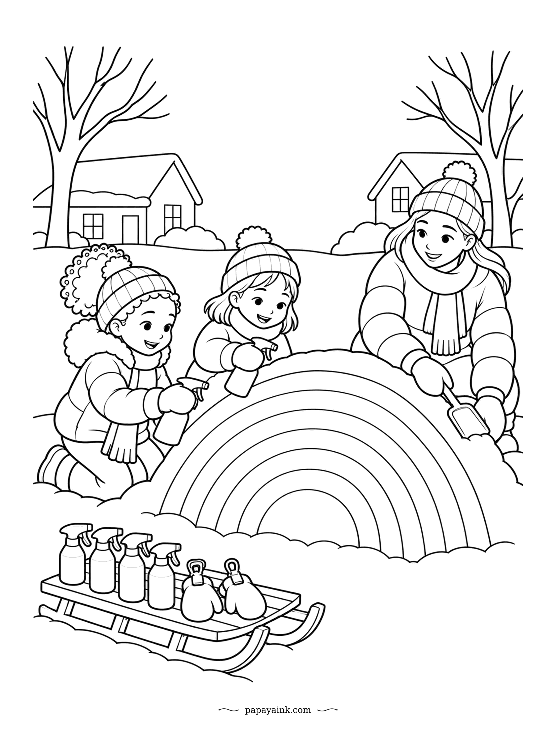 Rainbow Coloring Pages - A rainbow built from snow and painted with spray bottles of tinted water. Three friends work on the colors while the bottles wait on the sled. Keep the snow white and let the sprayed arcs do everything.