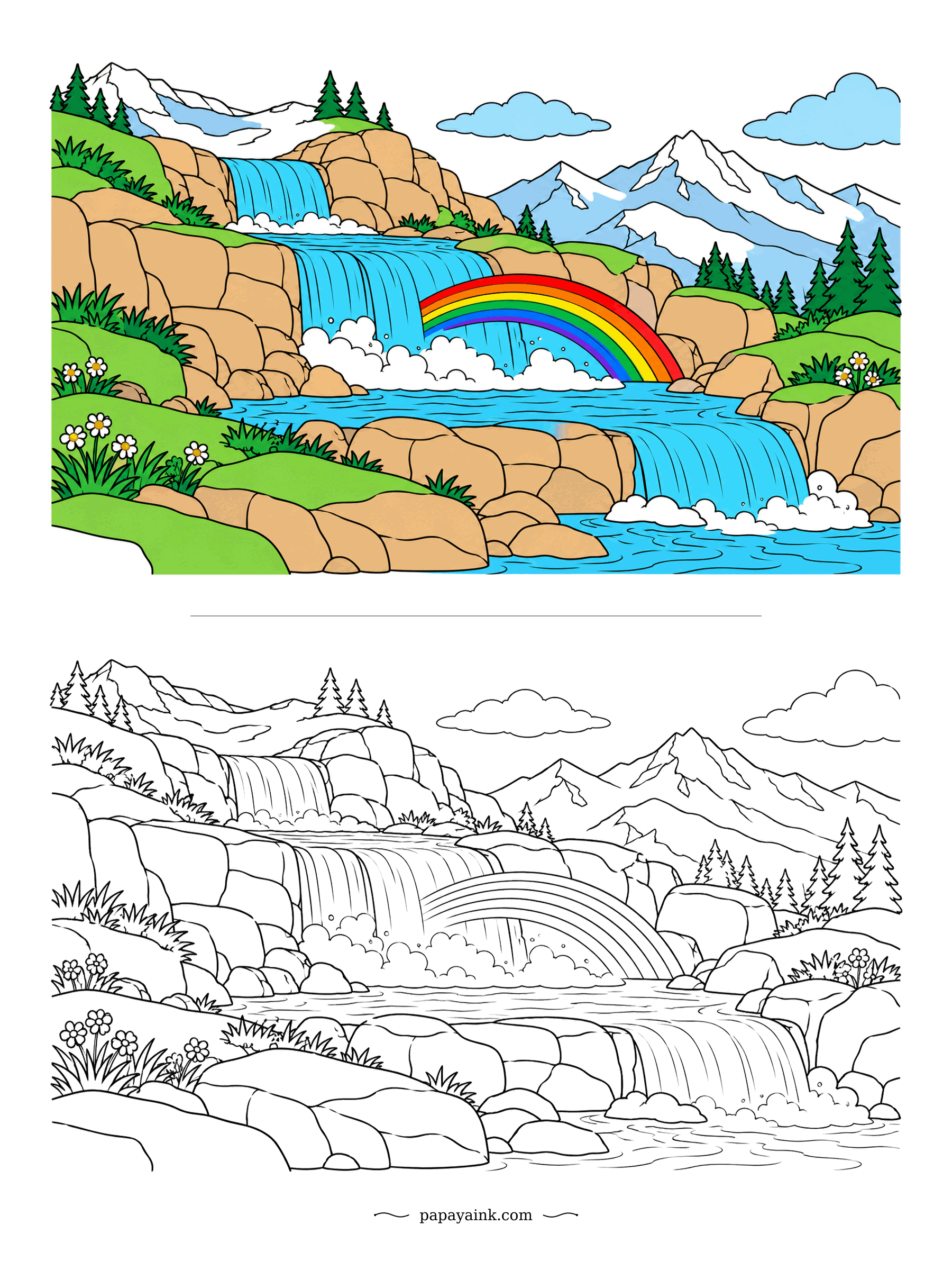 Rainbow Coloring Pages - Snowmelt from the peaks comes down in steps, pooling on each shelf of rock before spilling over to the next. The rainbow sits in the spray of the middle drop. Sandy boulders, bright meltwater, white daisies.