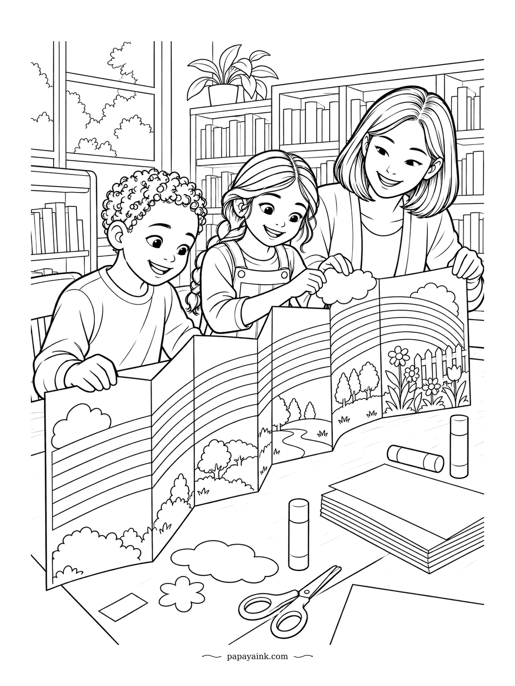 Rainbow Coloring Pages - Folded zigzag, the storybook stands up on the table by itself and tells one long rainbow from cover to cover. Two young authors and their helper are checking the last panel. Glue sticks and scissors to color too.