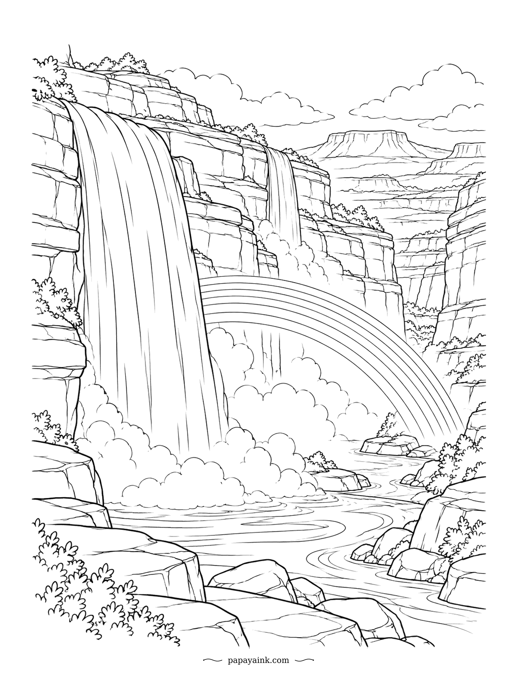 Rainbow Coloring Pages - Two waterfalls drop into the same canyon, and the rainbow stands in the mist where they meet. Layered rock walls and a flat mesa on the horizon. Work the strata in bands of rust and sand. Detailed.