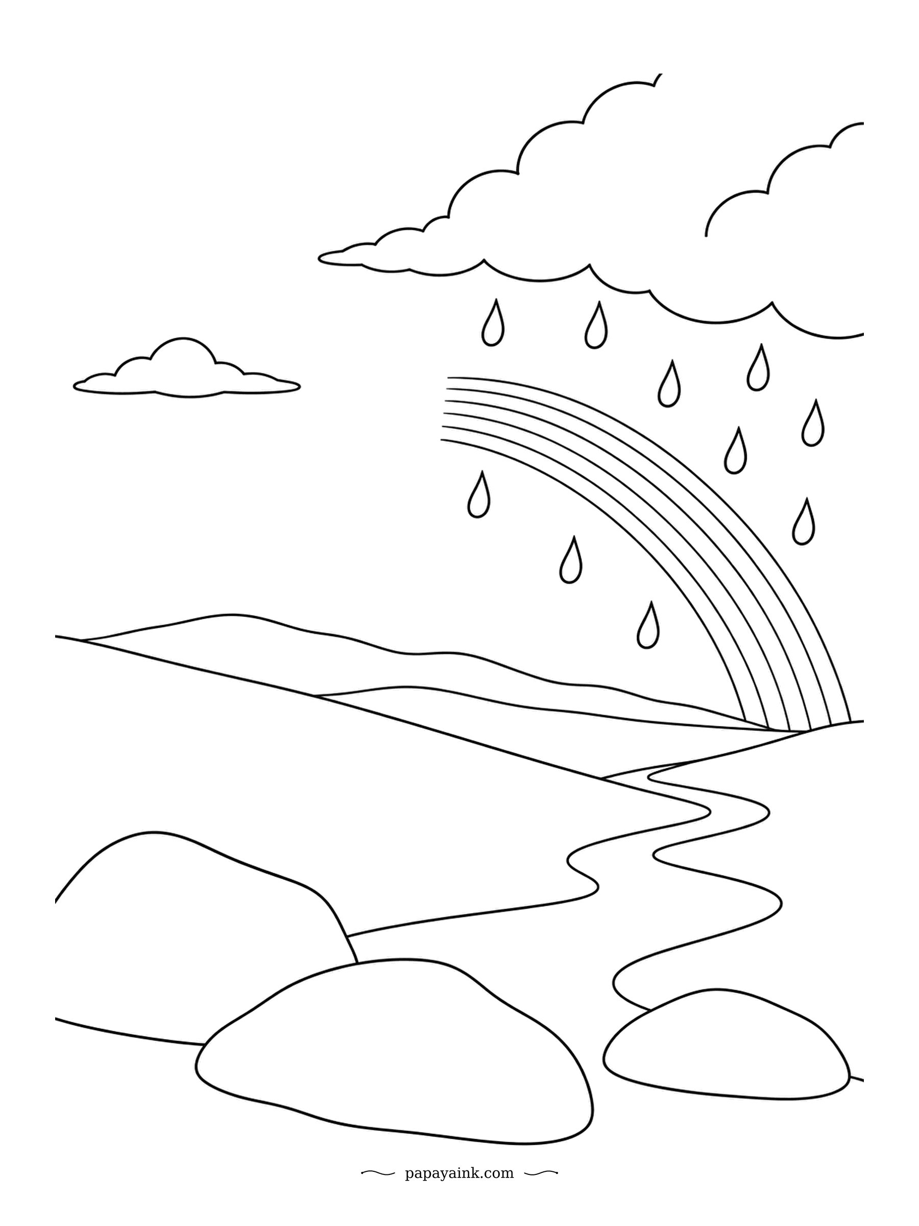 Rainbow Coloring Pages - One cloud, one shower, and the rainbow begins exactly where the rain ends. The simplest kind of rainbow page: a stream, a few boulders, and open sky. Good for markers and for anyone who wants a quick win.