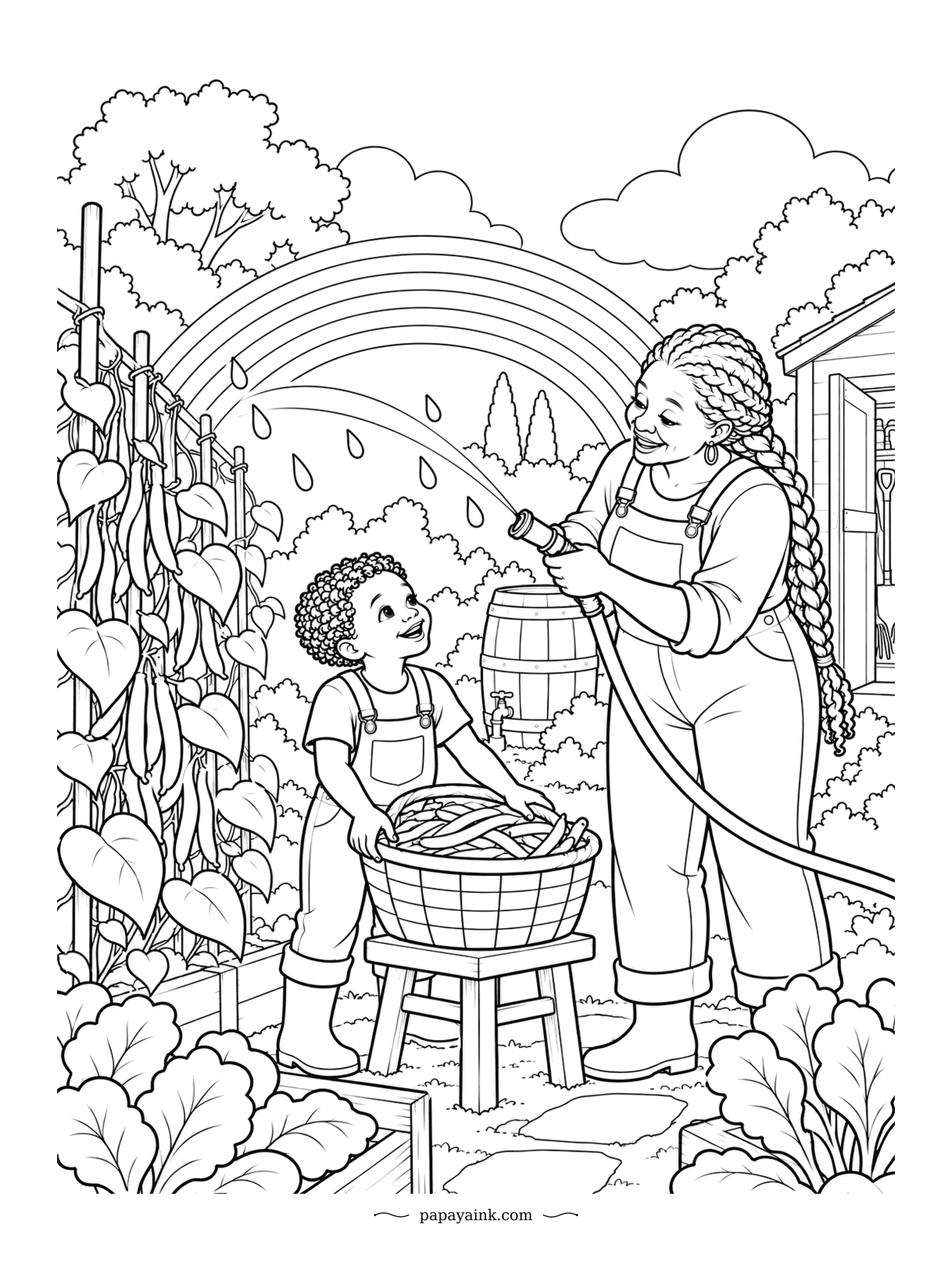 Rainbow Coloring Pages - Grandma aims the hose into the sun and a rainbow appears in the spray, which is the oldest trick in the garden. Her helper has the bean basket. Bean vines climb the poles on the left; a rain barrel waits by the shed.