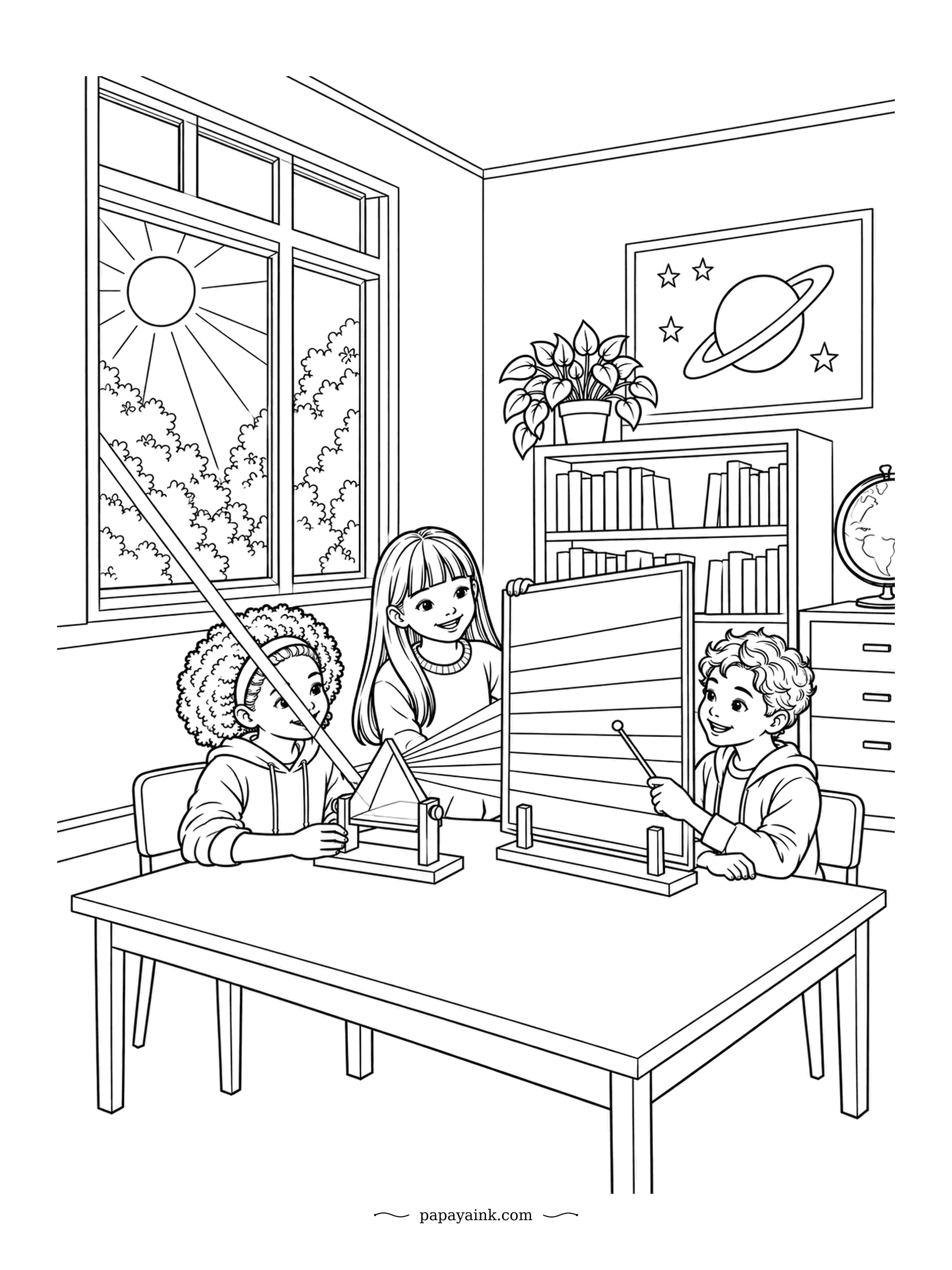 Rainbow Coloring Pages - Sunlight from the window hits a glass prism and splits into bands on the board - a rainbow indoors, same physics as the one outside. Three students watch it happen. Leave the beam white and let the spread begin at the prism.