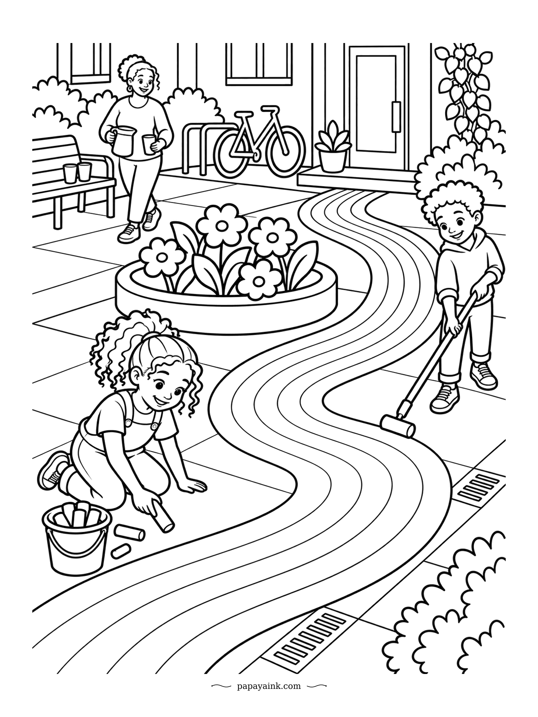 Rainbow Coloring Pages - Chalk rainbow on the sidewalk, winding from the flower planter all the way to the storm drain, with two artists still at work. Lemonade is on the way. Keep the colors chalky and soft, no hard outlines.