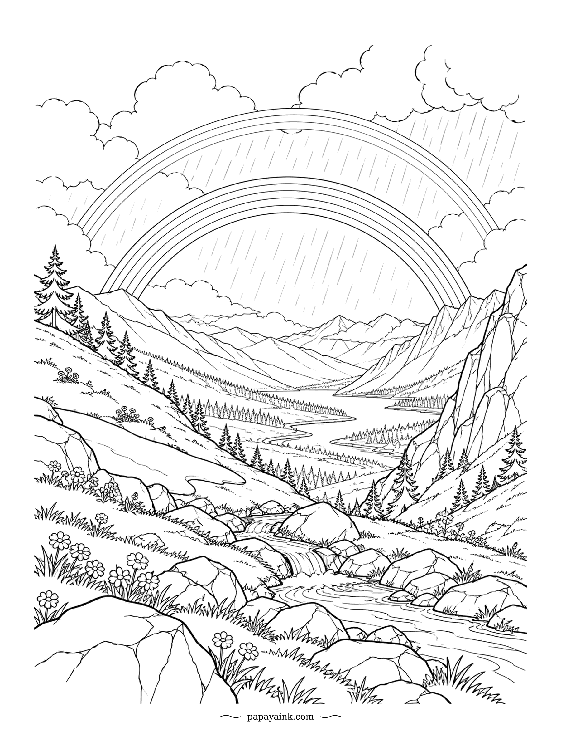 Rainbow Coloring Pages - Double rainbow over a mountain pass with rain still falling across the valley. The outer bow runs its colors in reverse, red on the inside, so lay them out before you start. Pines, river, boulders. Detailed.
