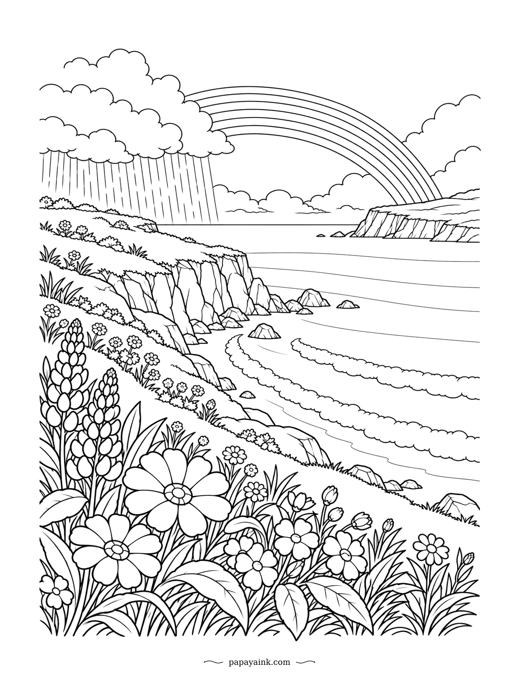 Rainbow Coloring Pages - Lupines and daisies on a sea cliff, with a rain curtain crossing the bay and a rainbow over it. Dense foreground petals, open water behind. Try purple lupines against a gray shower. Detailed.