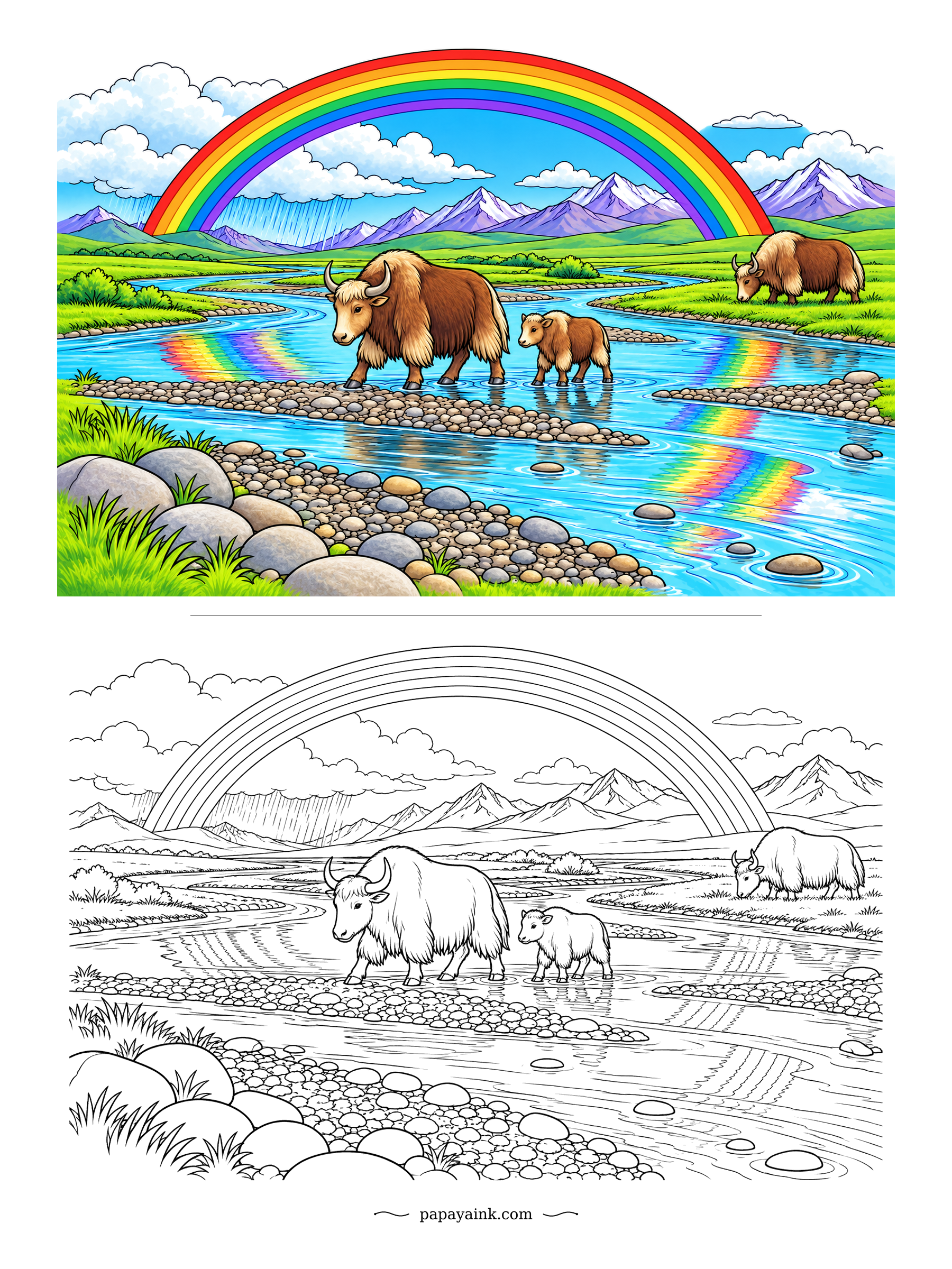 Rainbow Coloring Pages - Glacier rivers split into braids across the gravel, and a yak mother leads her calf through the shallow ones. Shaggy coats in deep brown. The rainbow is mirrored in more than one channel at once. Detailed.