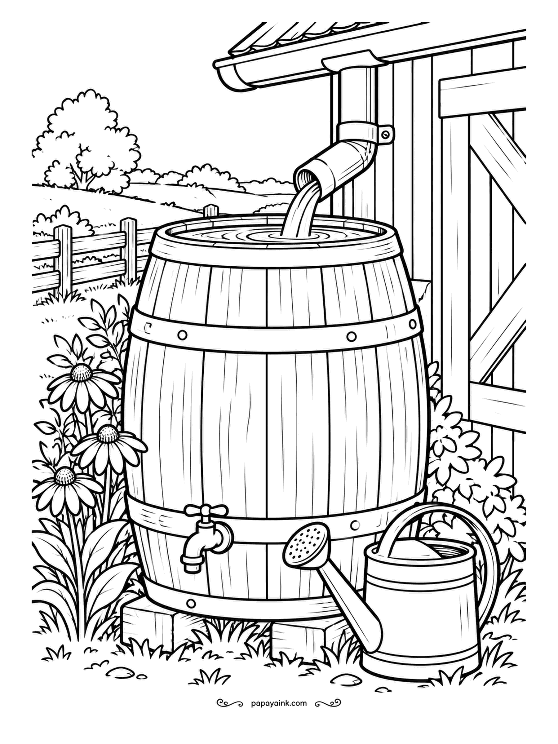 Farm Coloring Pages - Rain barrel under a barn downspout, water running in at the top and a tap near the bottom, a watering can parked beneath it. Coneflowers crowd the side. Oak staves with dark iron bands, and the siding painted barn red.