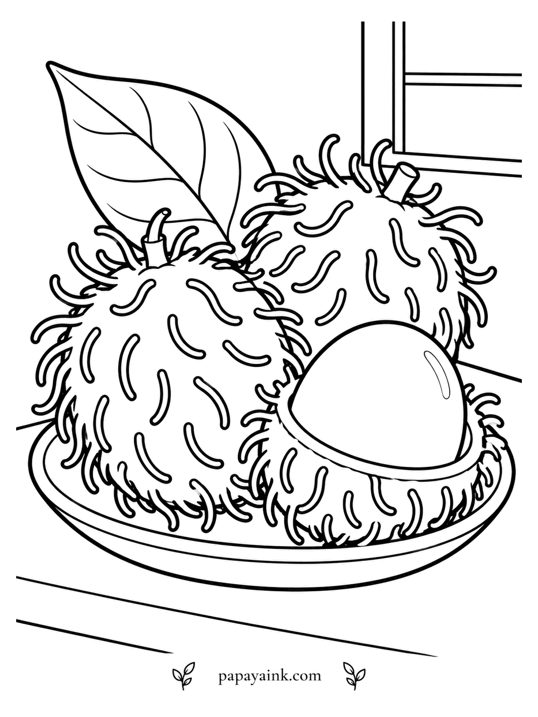 Fruit Coloring Pages - Rambut means hair in Malay, and this fruit earns the name. Three of them sit in a shallow dish by the window, one already peeled to reveal the pearly white flesh. Paint the shells deep red, then tip every soft spine with green.