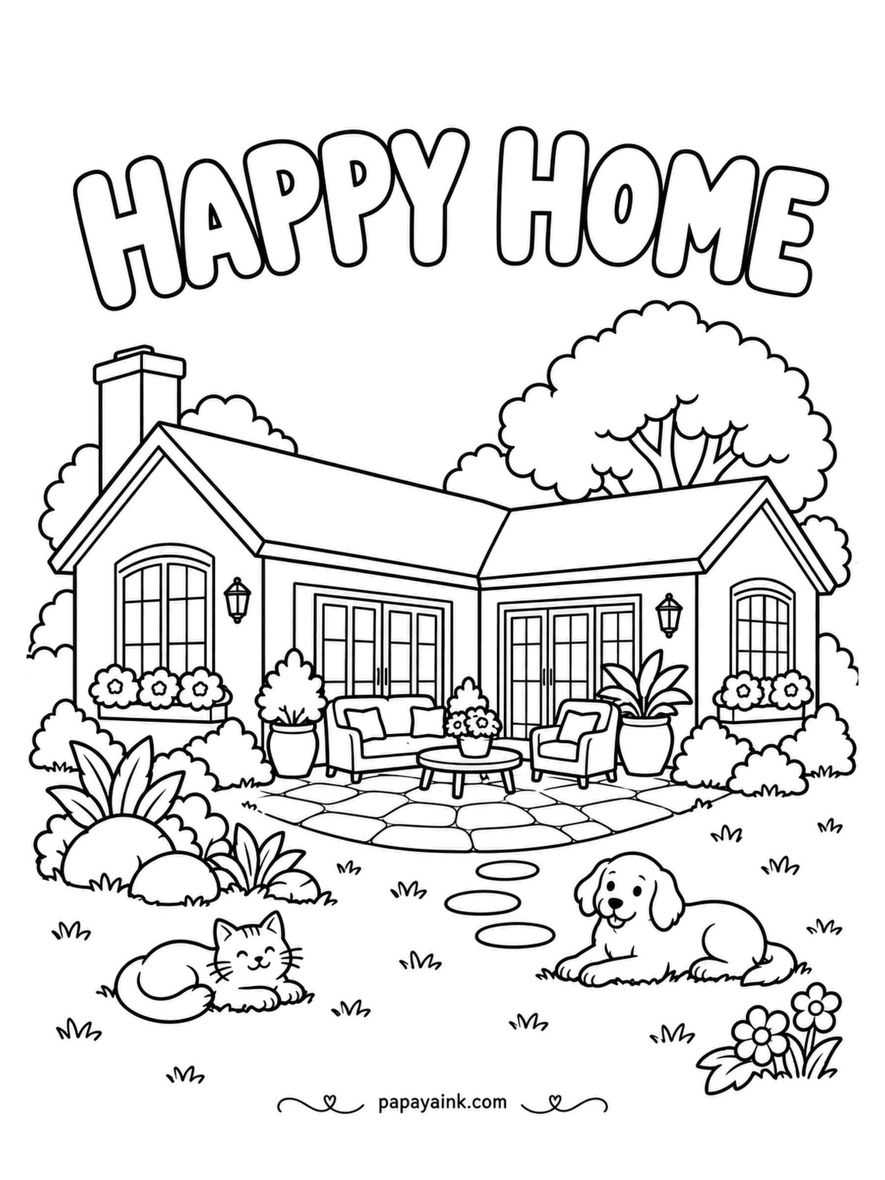 House Coloring Pages - HAPPY HOME over a single-story ranch house: an L-shaped plan, French doors opening onto a stone patio with a sofa and an armchair, a sleeping cat and a dog waiting for someone to come out. A little patio furniture - sharp pencils help.