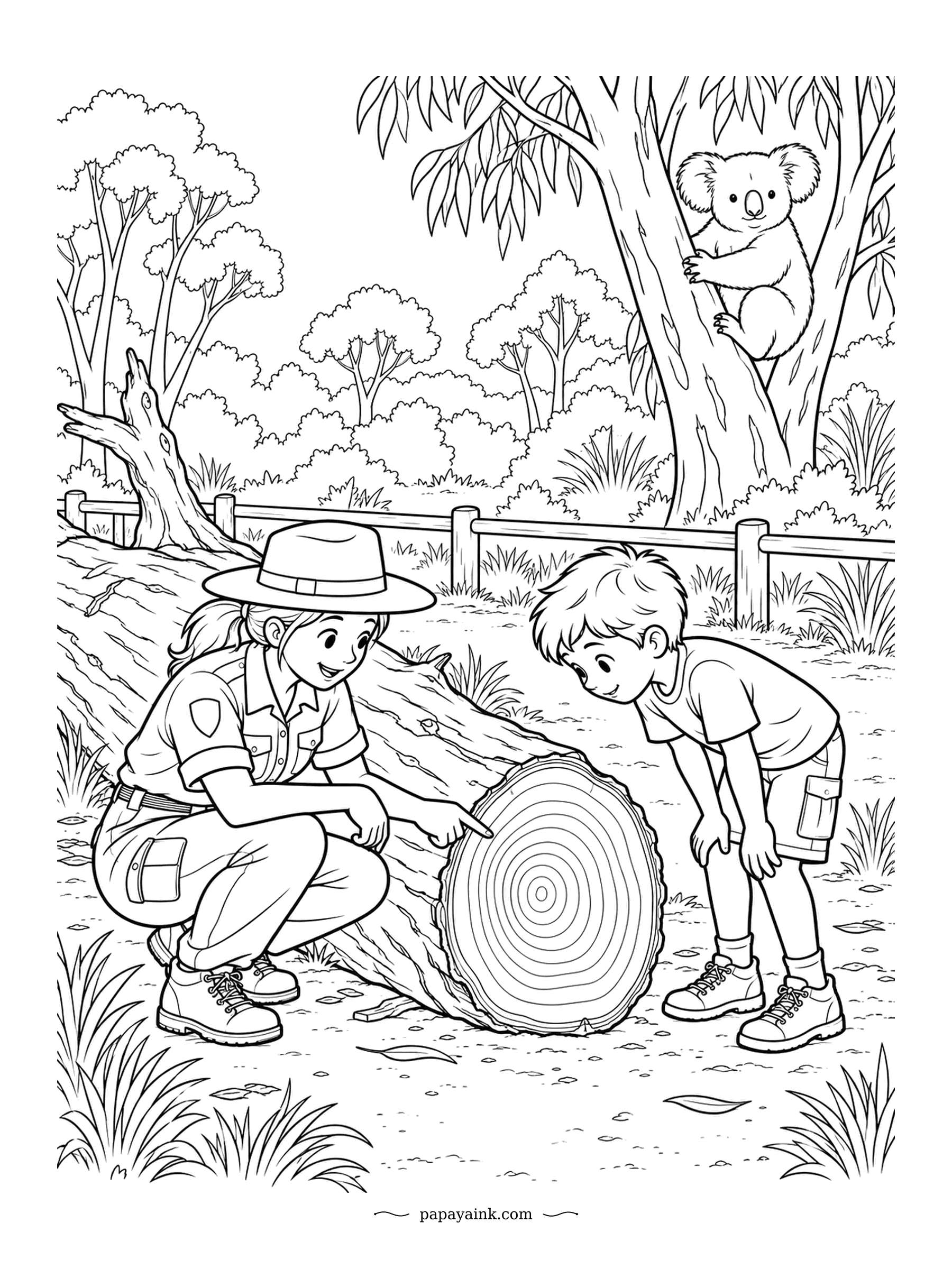 Koala Coloring Pages - Thin rings mark dry years and wide rings mark wet ones, and the ranger is showing the boy how to read a fallen log like a weather diary. The koala on the trunk above is part of the story too. Detailed log, fence and forest.