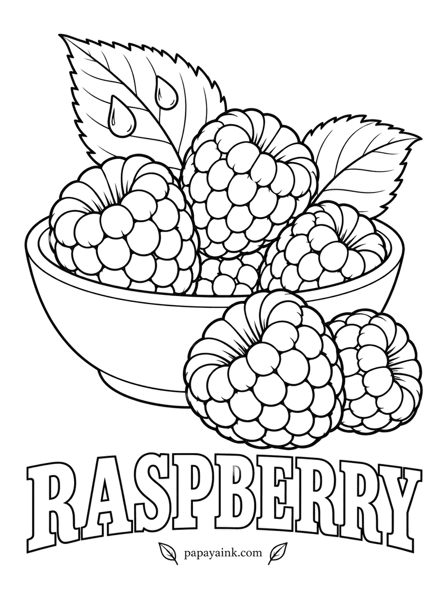 Printable Fruit Coloring Pages - Raspberries are hollow, which is why each one lifts off its core; the drawing keeps the beaded shape and the open underside. Pink-red with a tiny dot on each drupelet keeps them from looking like blackberries.