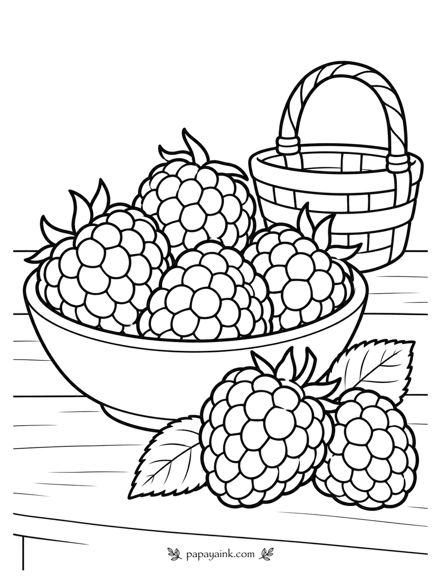 Fruit Coloring Pages - Raspberries leave their core on the plant when picked, so each one here is a hollow cap of beads. Bowl in the harvest corner, basket at the back, two loose berries with leaves in front. Red beads with a tiny white dot on each. Detailed.