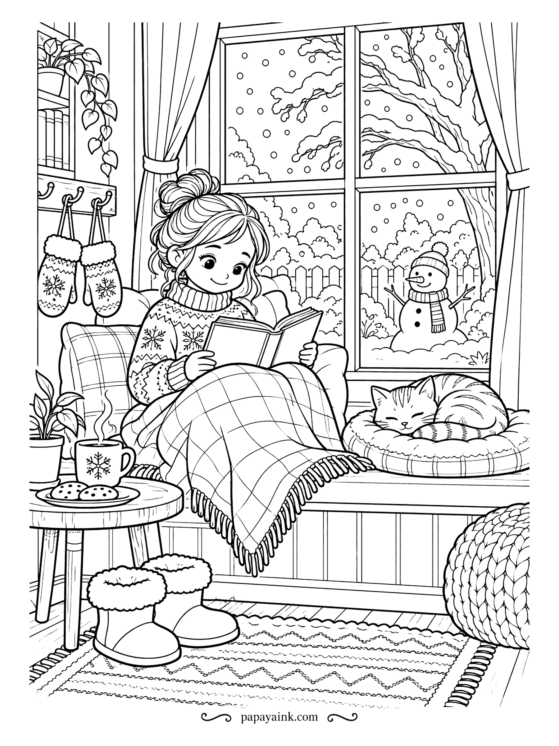 Free Printable Winter Coloring Pages - Window seat, plaid blanket, a mug of cocoa and a cat who got the best cushion. Outside the glass it snows on a snowman; inside, mittens on hooks, slippers on the rug and a book half read. Color the room warm and the window cold.