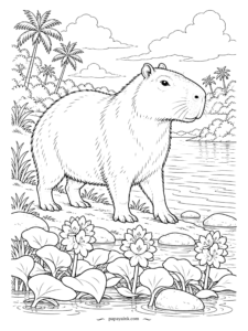 Capybara Coloring Pages - Field-guide realism: a full-grown capybara stands on the bank of a palm-lined river, its coarse fur drawn strand by strand, with water hyacinths blooming in the shallows. Detailed - sharp pencils help with the fur.