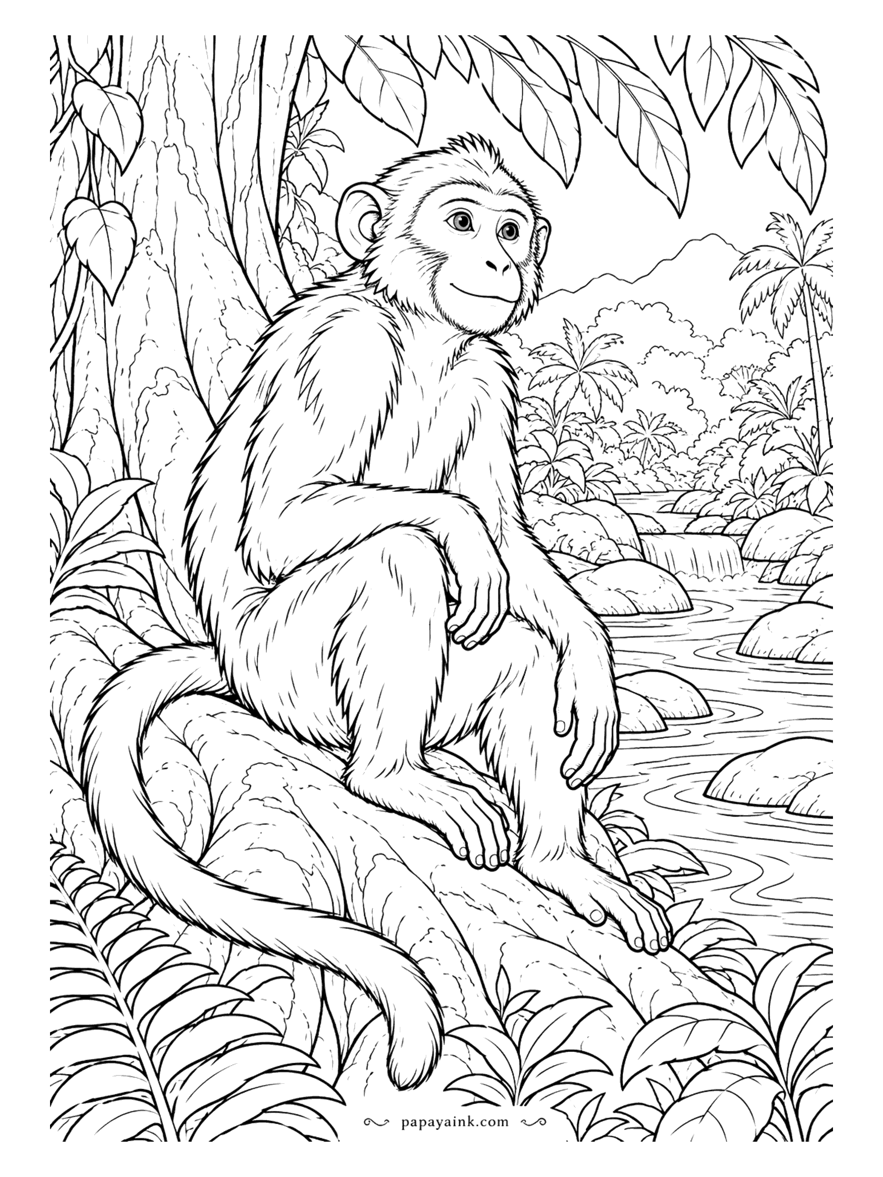 Monkey Coloring Pages - A macaque on a mossy log, watching the stream the way macaques watch everything: with great interest and no hurry. Palms and ferns fill the far bank. Detailed - the fur is drawn hair by hair, so shade it in short strokes.