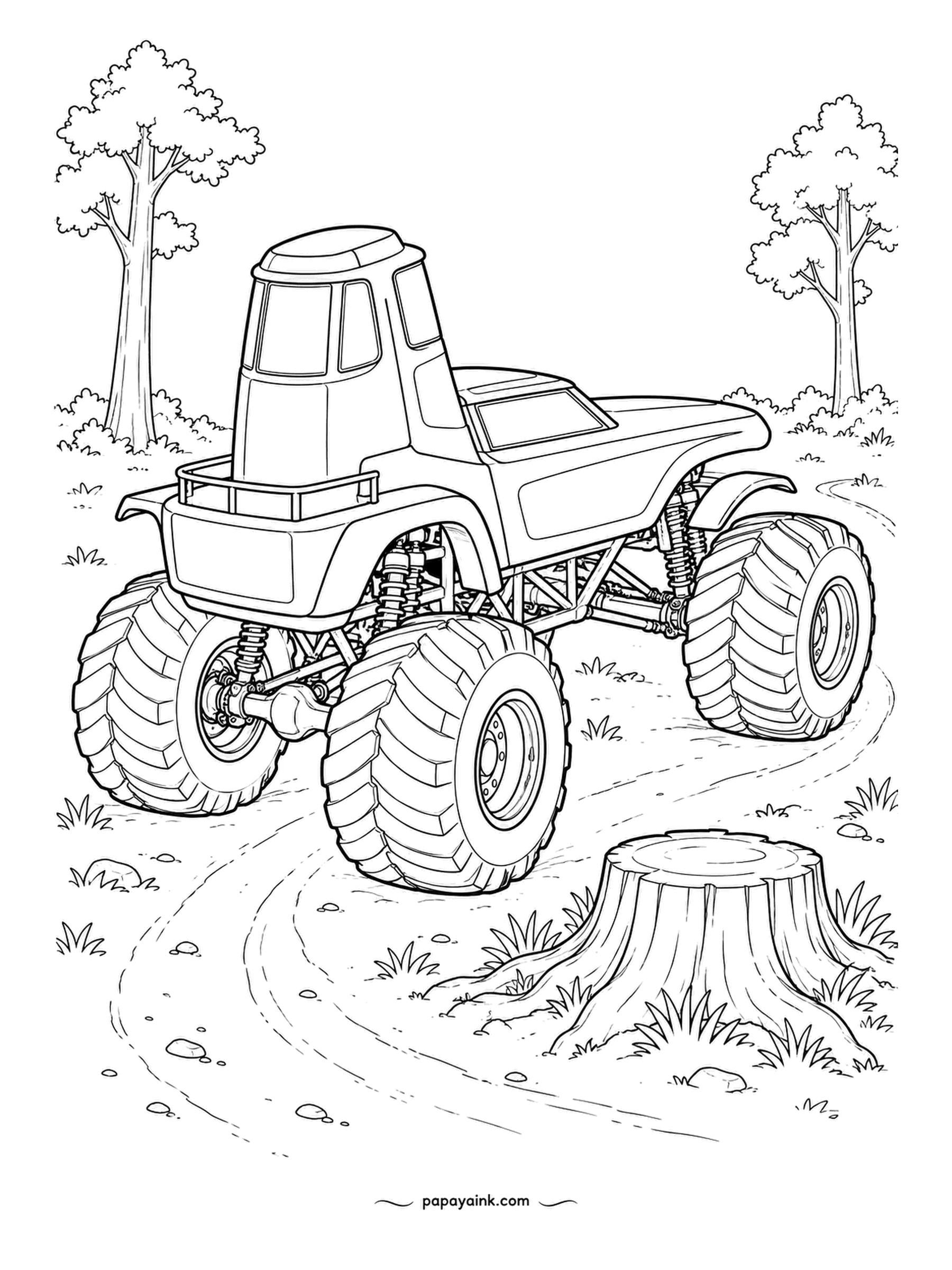 Monster Truck Coloring Pages - Tree stump, dirt track and a truck whose cab rises over the rest of the body like a lookout tower. Tire marks curve around the clearing. Greens and browns for the forest, something bright on the tower.