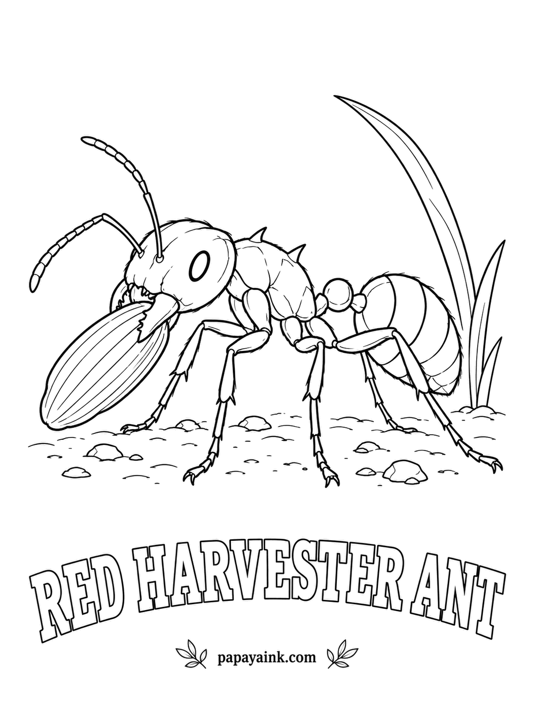 Insect Coloring Pages - Seeds end up in underground granaries one load at a time, and this red harvester ant is hauling the next one. Harvester mounds sit in the middle of a cleared, bare circle of ground. Brick red for the ant, straw tan for the seed.
