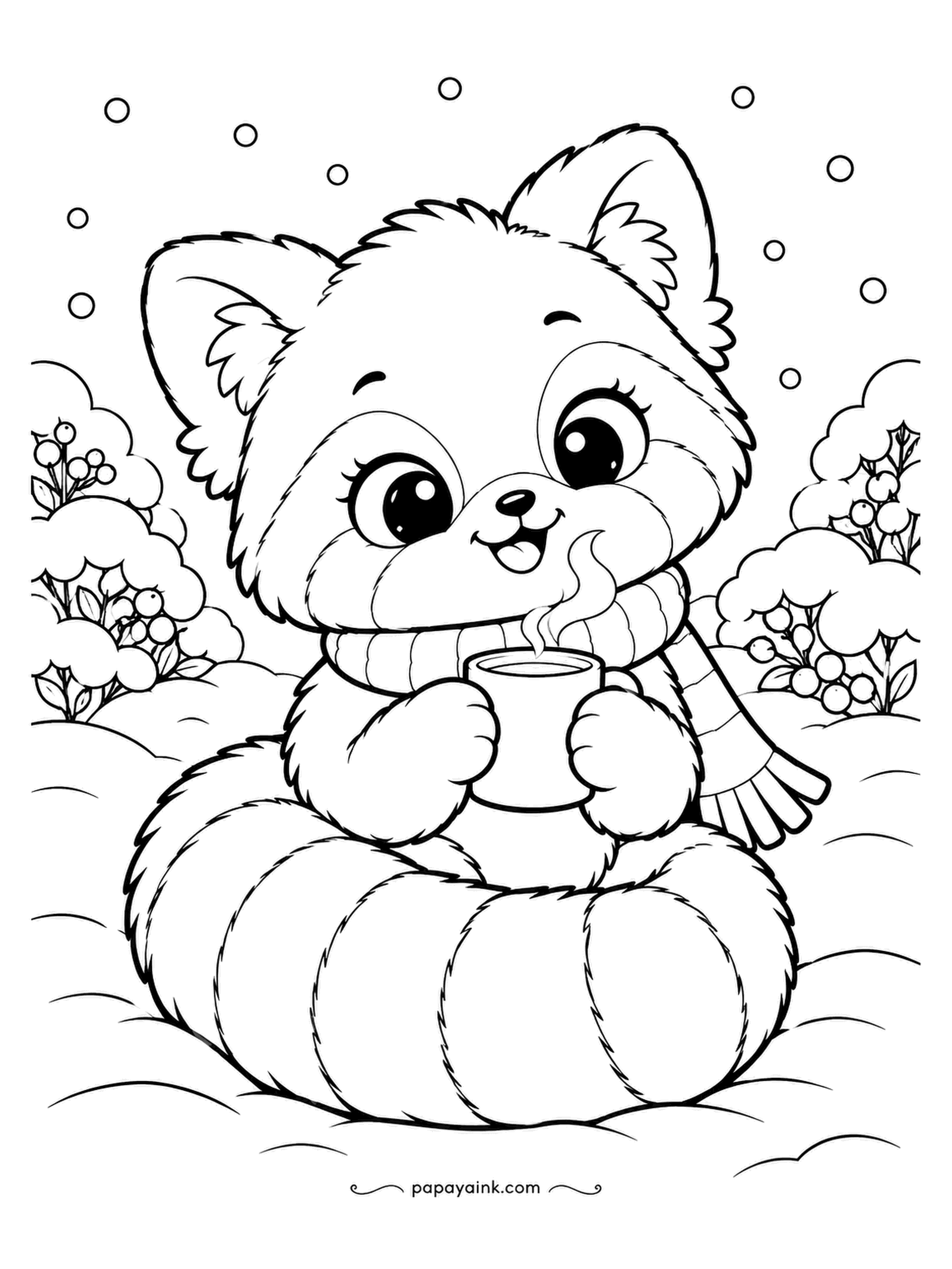 Cute Winter Coloring Pages - Tail for a blanket: the red panda sits wrapped in his own ringed tail, cocoa steaming in both paws, snow falling. Berry bushes at the sides. Rust and cream fur, a dark ring on every stripe.