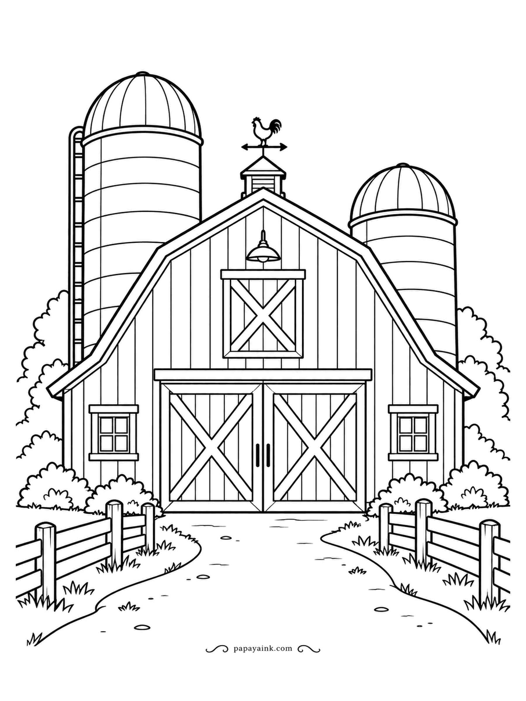 Farm Coloring Pages - A gambrel-roofed dairy barn with a silo on each side and a rooster weathervane on the cupola. Flat boards, sliding doors, a single lantern over the hayloft. Wide areas and almost no small detail, so this is a comfortable sheet to begin with.