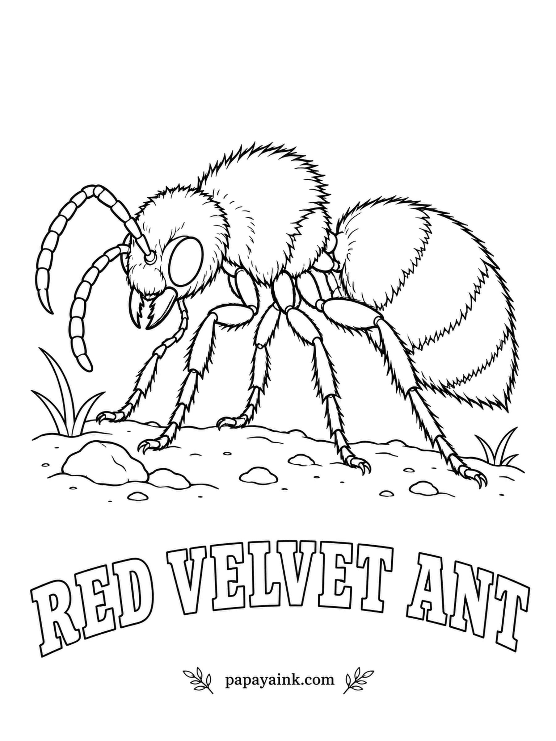 Insect Coloring Pages - Despite the name, the red velvet ant is a wasp: the wingless female, wearing a coat of dense scarlet fuzz. It squeaks when picked up, though nobody should try. Paint the coat orange-red with a black band across the middle.