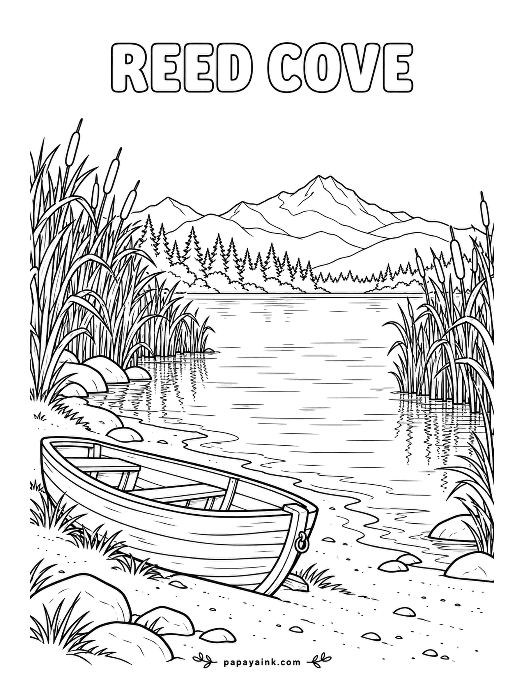 Beach Coloring Pages - Reed Cove: a wooden rowboat sits on the grass at the edge of a reedy inlet, cattails on both sides and a mountain beyond the far shore. Cattail heads are brown, the stems are green, and the water between them can go nearly black.