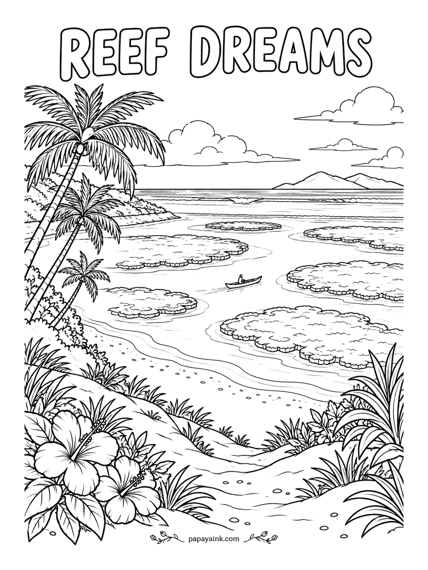 Beach Coloring Pages - Reef Dreams: patches of coral break the surface of a shallow lagoon, and a lone rowboat has picked its way between them. Brown and ochre on the reef heads against pale green water is the honest version; purple and orange is the fun one.