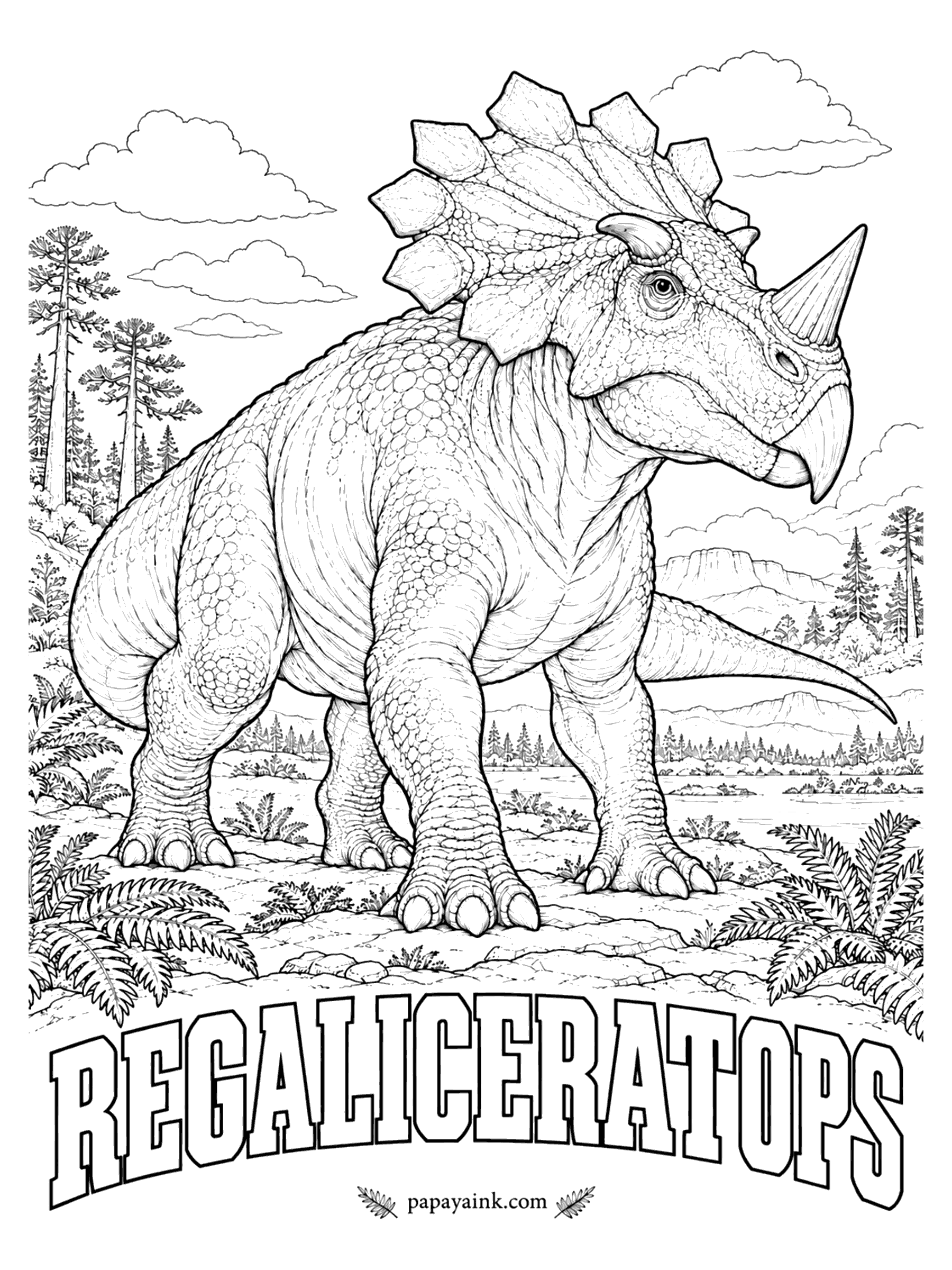 Free Printable Dinosaur Coloring Pages - Big flat plates edge the frill like the points of a crown, hence royal horned face. Regaliceratops (ree-GAL-ih-SAIR-uh-tops) was nicknamed Hellboy for its stubby eye horns and the hellish job of digging it out, and one of the scientists who described it in 2015 slipped a marriage proposal into the paper. A plant-eater about 16 feet long. Alberta, Canada, about 68 million years ago.