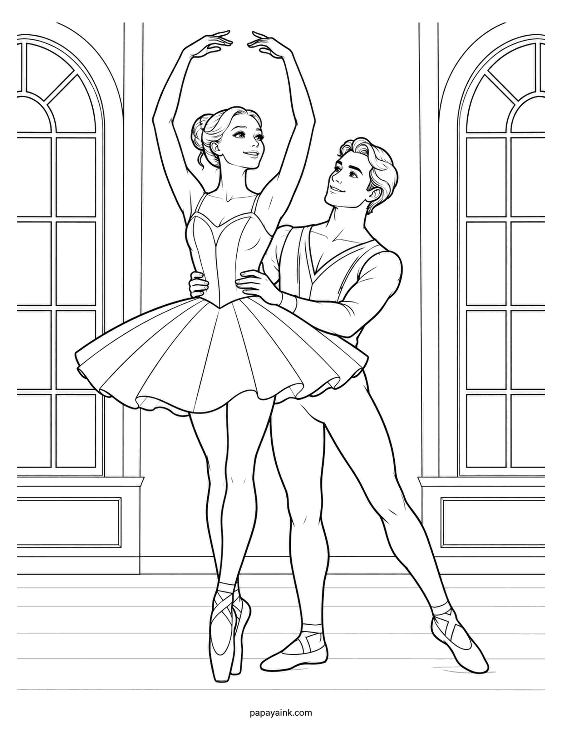 Ballerina Coloring Pages - Arms rounded overhead in fifth position, she rises onto the tips of both satin shoes while her partner keeps a steady grip at her waist. He gazes up as if checking the weather. Give the tutu one soft shade and keep the background pale.