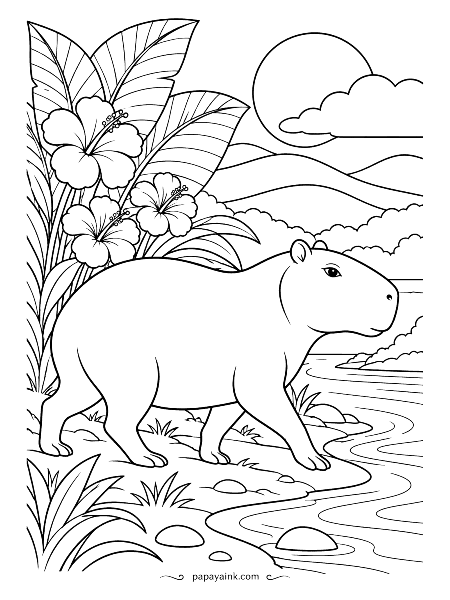 Capybara Coloring Pages - Smooth hills, a low sun and hibiscus in the corner, like a vintage travel poster, with a capybara strolling along the water. Large open areas, so markers or a limited palette of three or four colors work best.