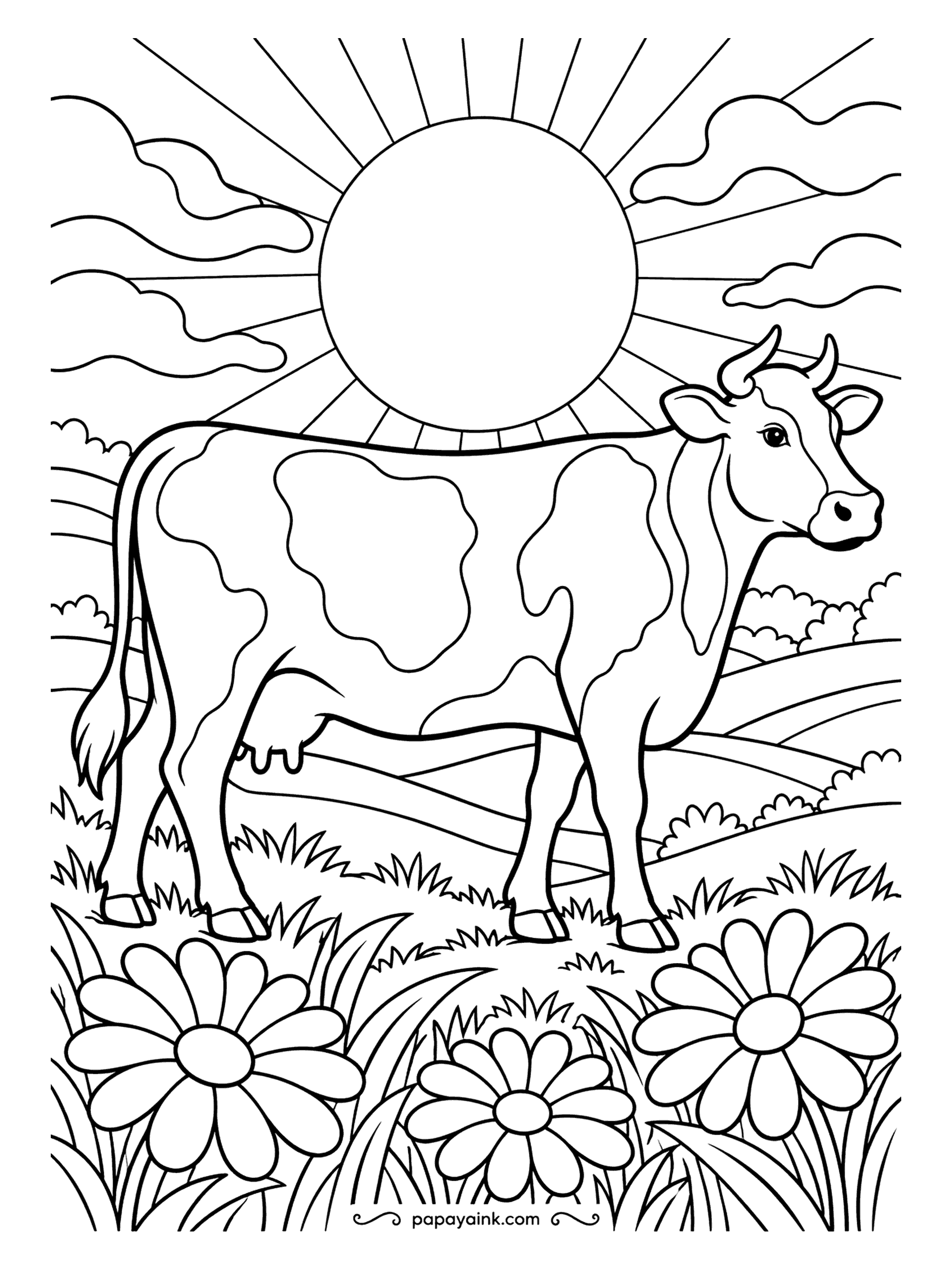 Cow Coloring Pages - Straight rays from a 1970s-poster sun fall over this cow, and the hills behind her are flat bands with daisies in front. Orange, mustard and avocado green are the period palette; a cream background instead of white sells the look.
