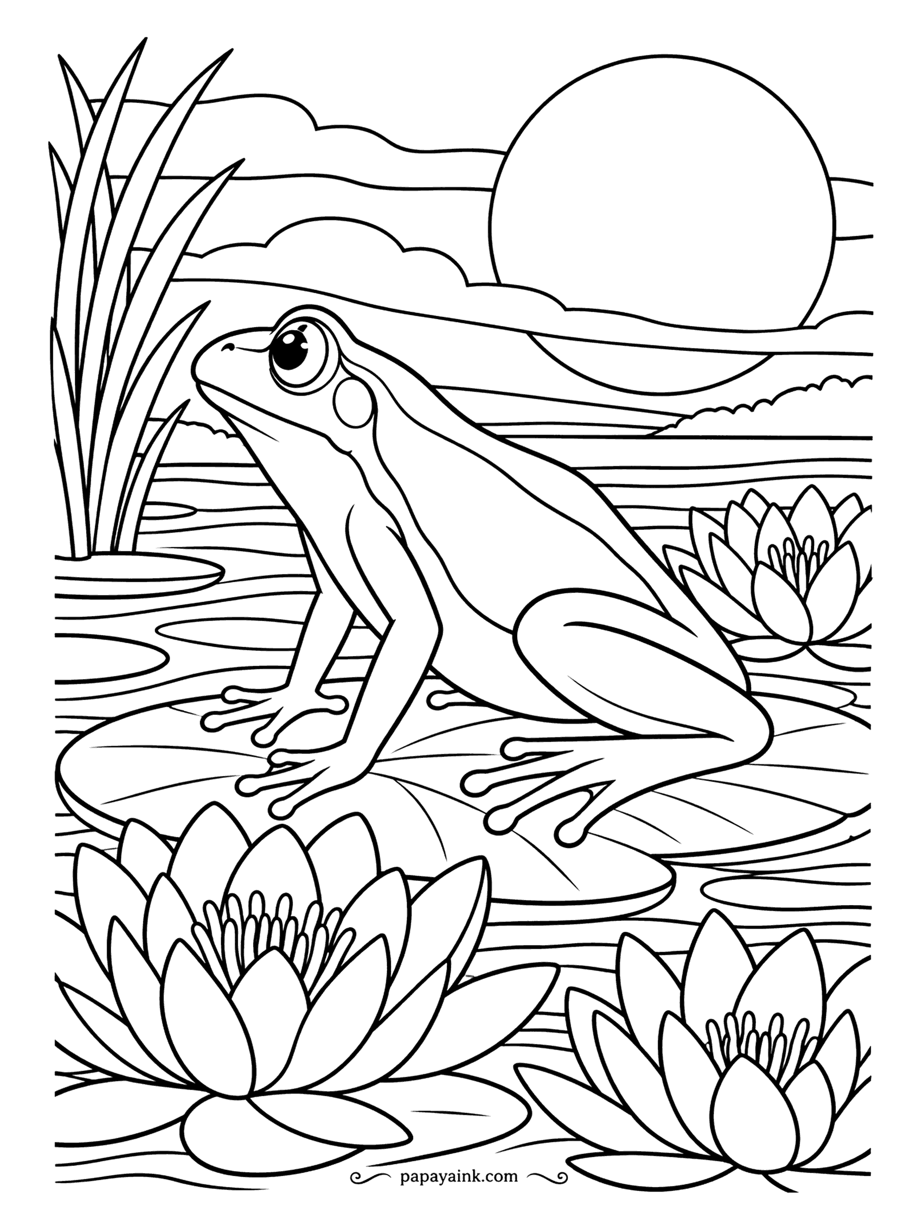 Frog Coloring Pages - Retro poster frog in profile against a setting sun, the water drawn as flat bands. Choose a sunset palette - orange, pink, violet - and fill each band solid for the screen-print look.
