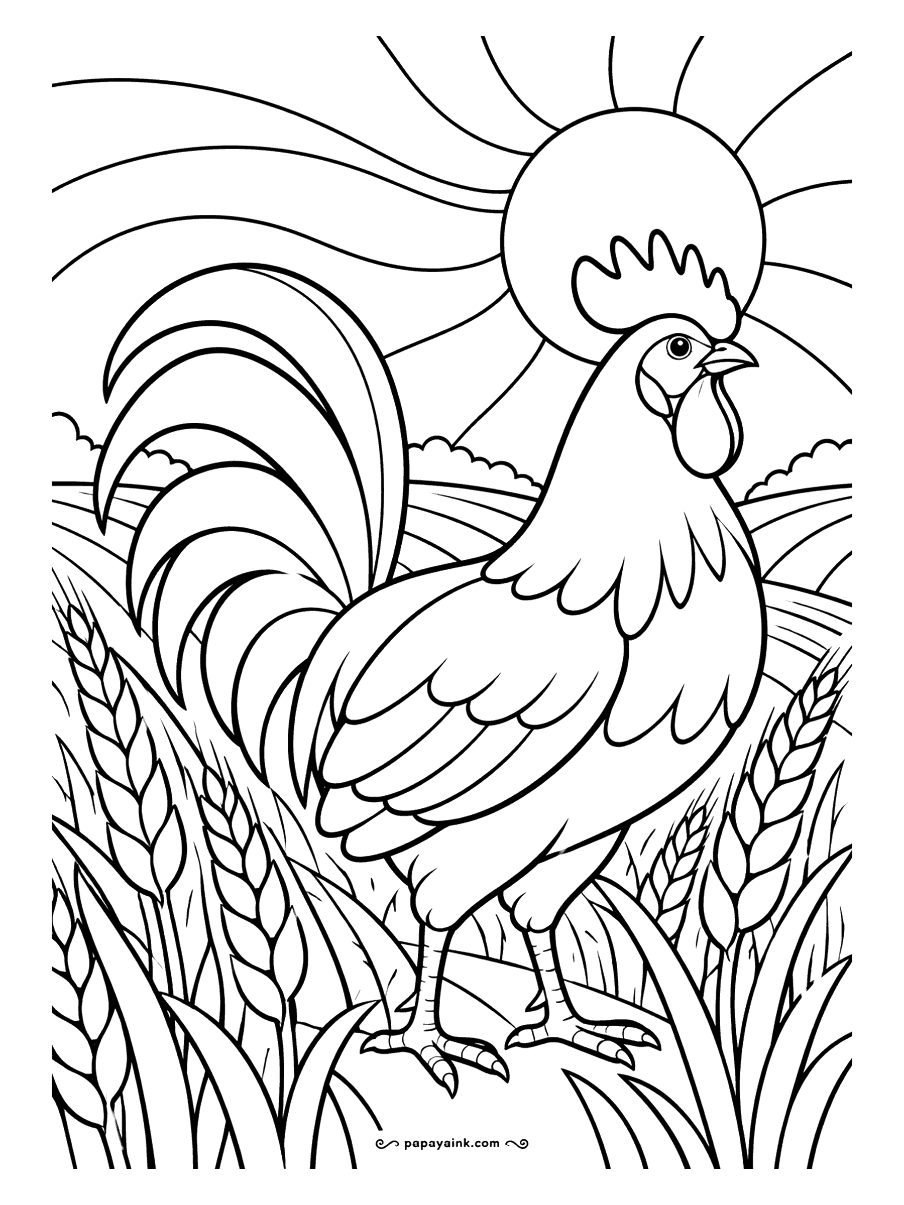 Chicken Coloring Pages - Bold lines, a rising sun and wheat heads as tall as the bird: a rooster poster in mid-century style. Few details, big areas - good for markers, and a strong choice for a first sheet with the kids.