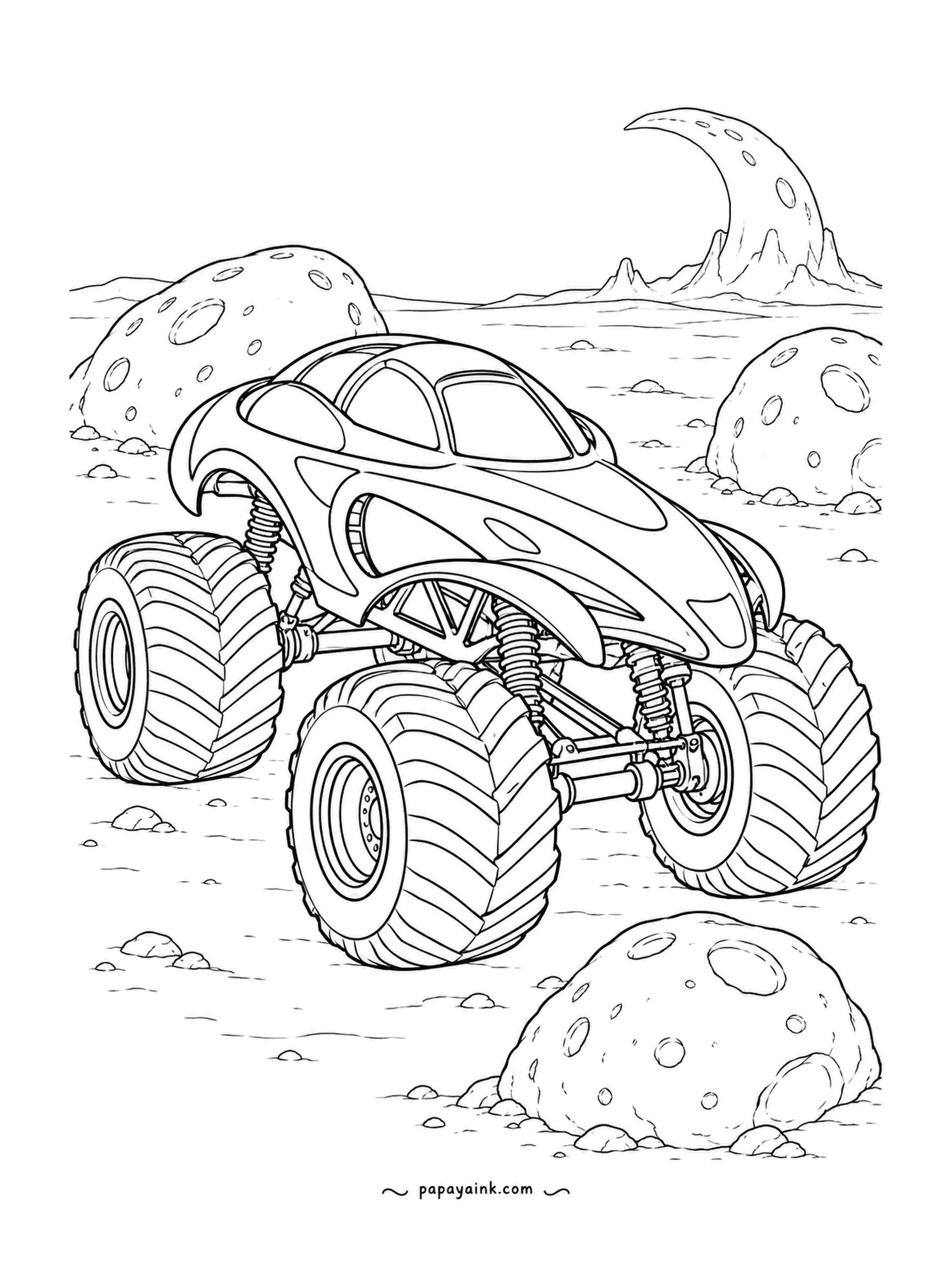 Monster Truck Coloring Pages - Parked among cratered boulders with a crescent rock arching on the horizon, the reverse-drop rover shows off a body that slopes down toward the tail. Pitted stone takes a dotted texture well.