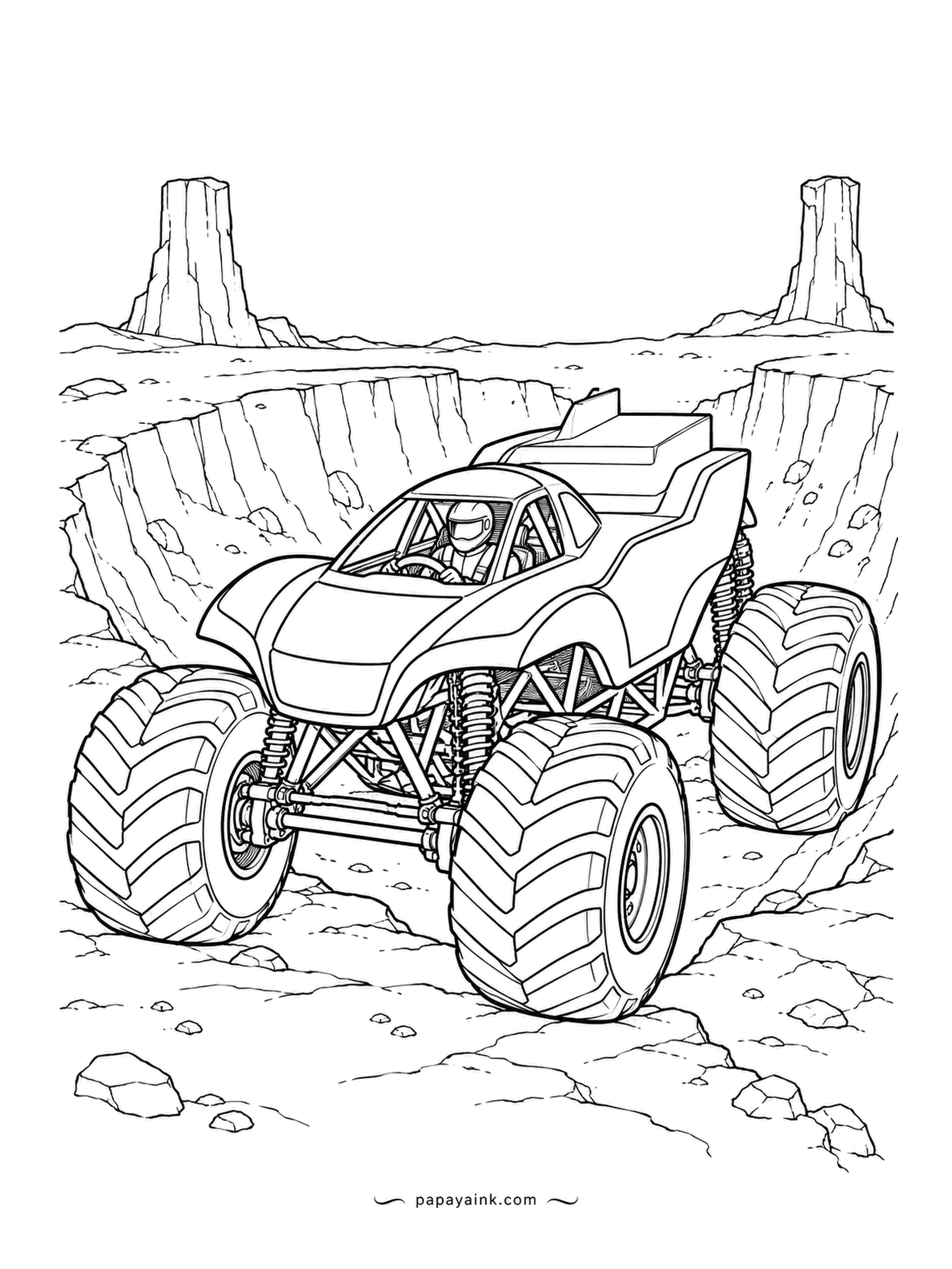 Monster Truck Coloring Pages - Climbing out of a basalt bowl, helmet visible, two rock towers standing guard on the rim. The racer has a reverse-stair back end that drops away behind the cab. Stone in warm greys, tires dark.