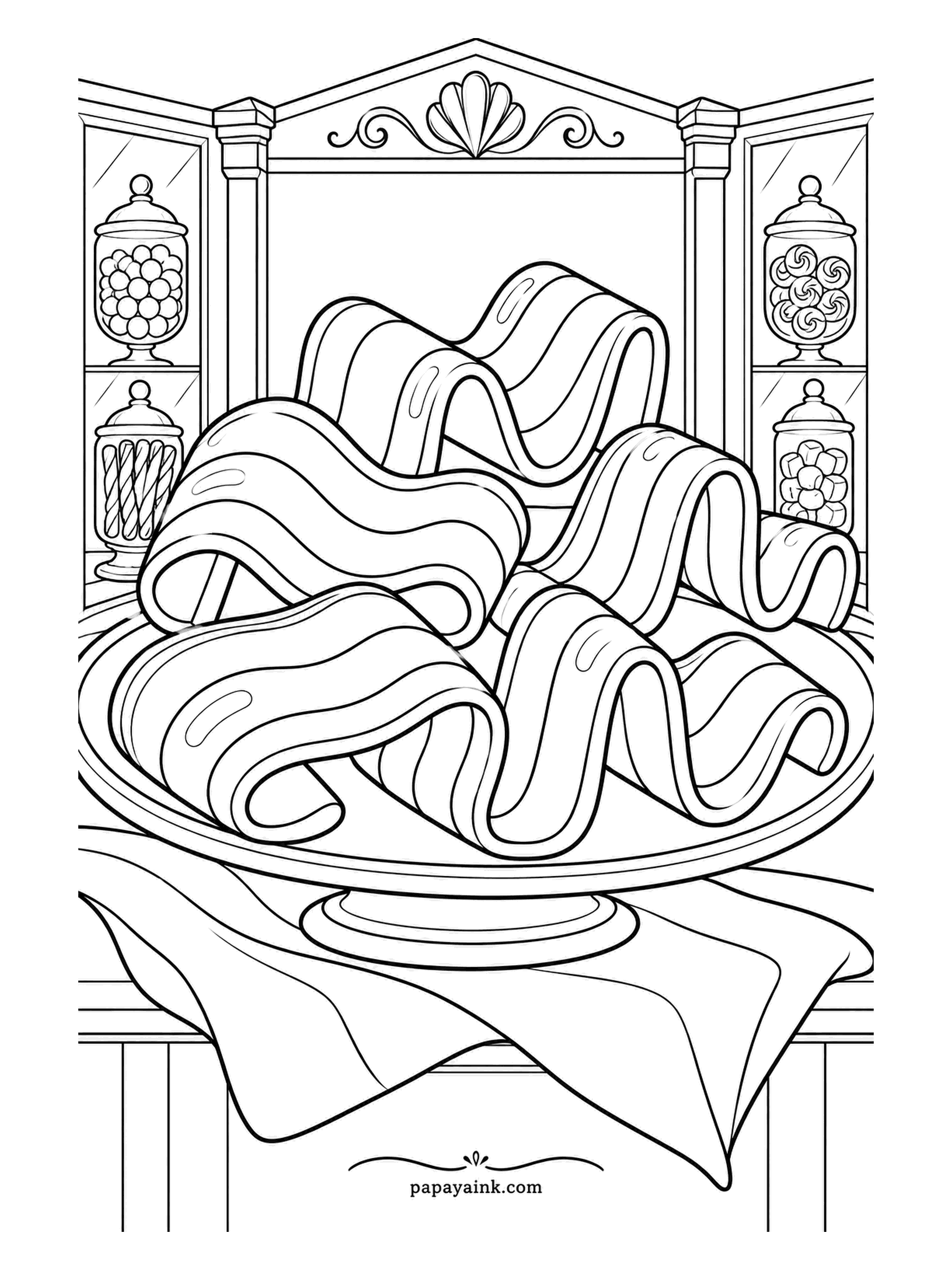 Candy Coloring Pages - Ribbon candy folded into glossy waves and stacked on a cake plate at the counter, with apothecary jars glowing in the cabinet behind. Old-fashioned, fragile and very loud. Detailed - alternate two shades along each ribbon and keep the folds in order.