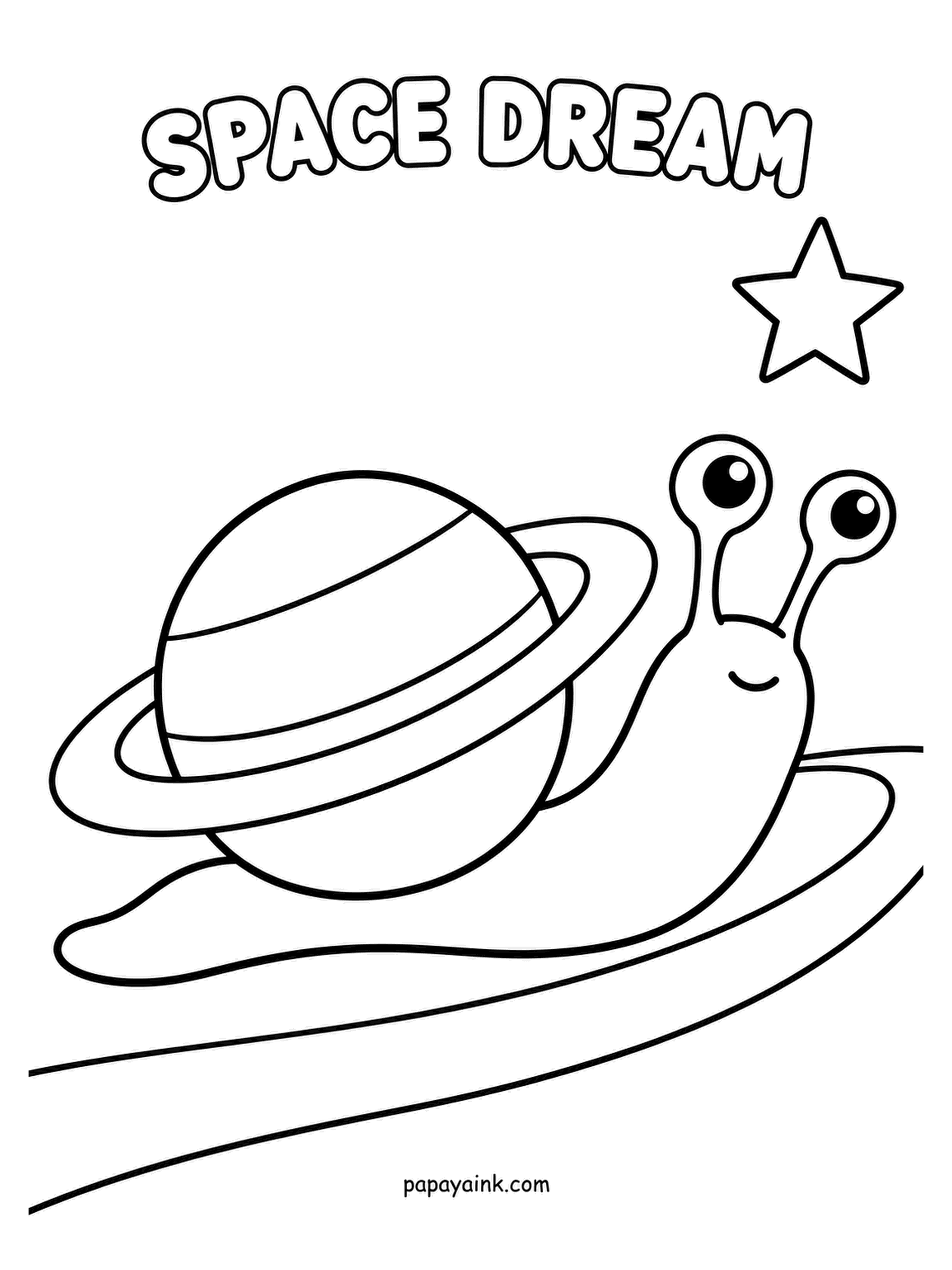 Planet Coloring Pages - Snail with a planet for a shell, drifting through a space dream: it carries a ringed planet as its shell, one star overhead. Any color goes here - a lime snail with a lilac shell is as correct as anything. Big areas, an easy page.