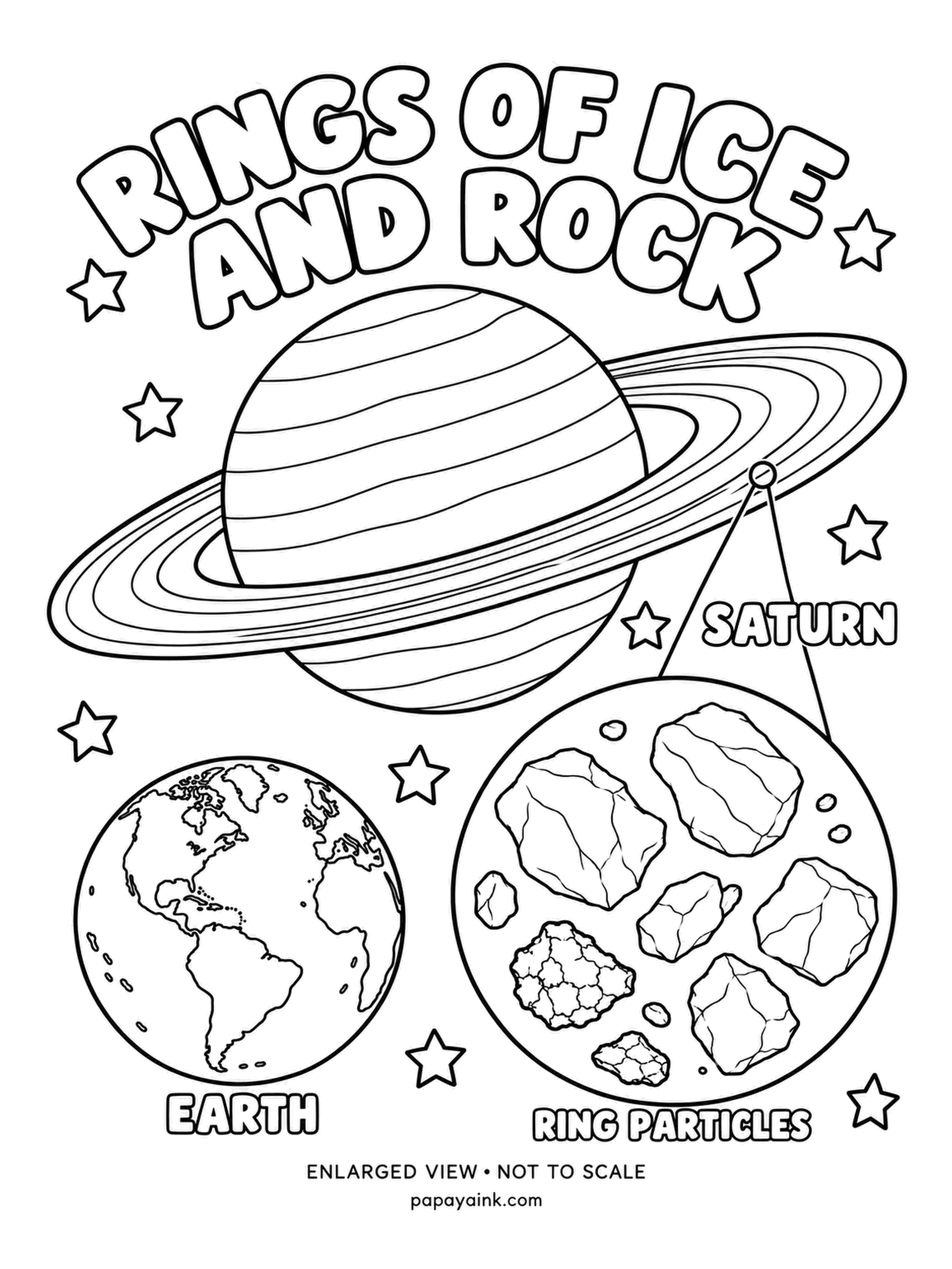 Earth Coloring Pages - Saturn above, and a magnifying circle showing what its rings are made of: chunks of ice and rock from grain-size to house-size, tumbling together in a flat sheet. Earth is at the left for scale. White and pale blue for the ice chunks, gray shadows.