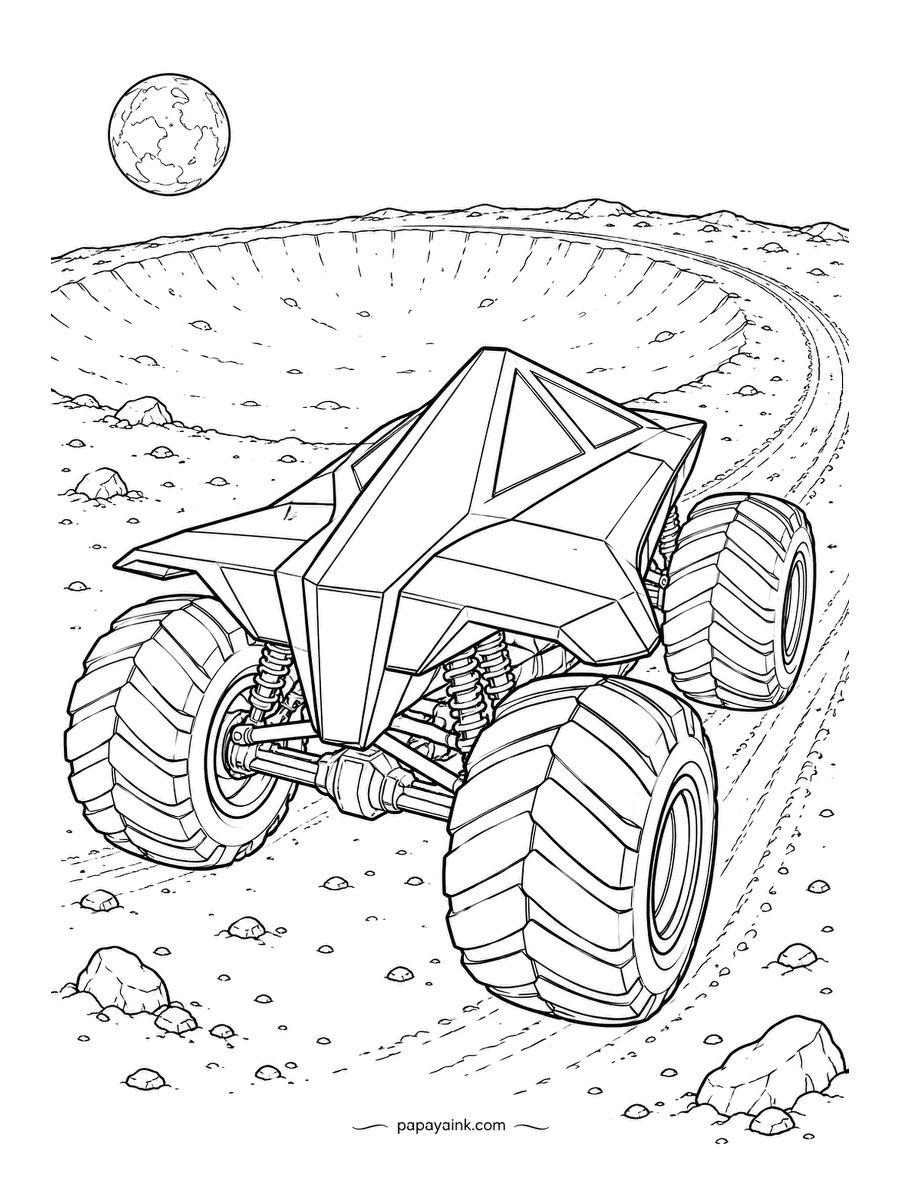 Monster Truck Coloring Pages - Crater rim under a full moon, a delta-shaped wedge taking the turn alone. Pebbles and boulders everywhere, one tire track curving off toward the far wall. Silver body against grey dust looks right.