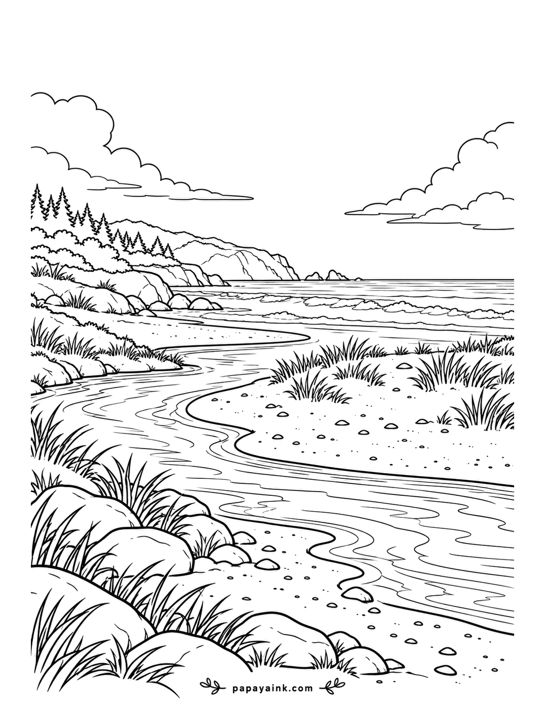 Beach Coloring Pages - A river winds out across the sand to meet the sea, beach grass on the dune in front and a headland across the bay. Two kinds of water in one scene: brown-green for the river, blue for the sea, and they mix where they meet.