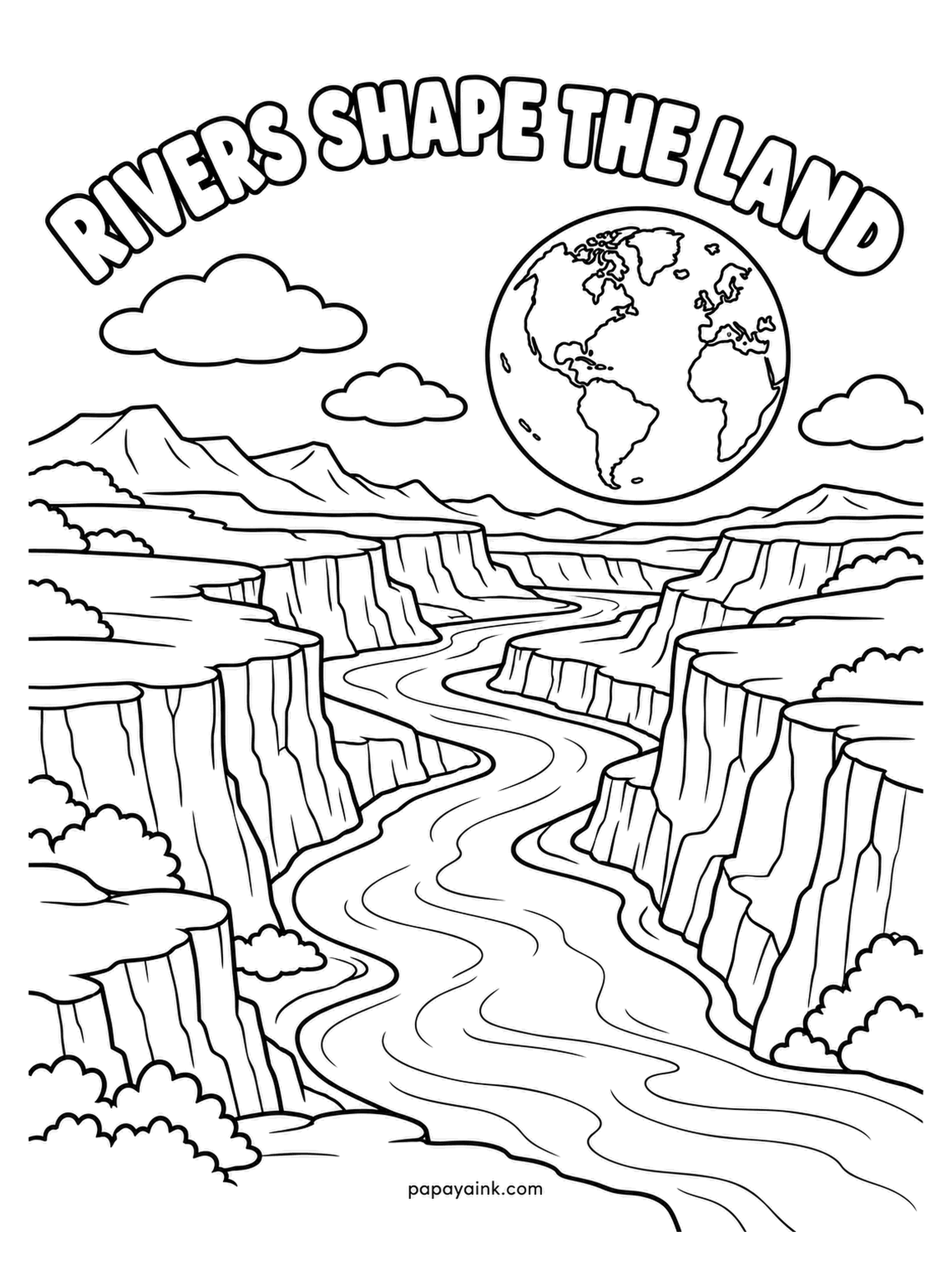 Earth Coloring Pages - Layer by layer, a river has cut this canyon, which is why the walls show horizontal bands of rock. The planet hangs over the rim. Use the warm side of the box - ochre, rust, sand and brick, one band at a time. Detailed.